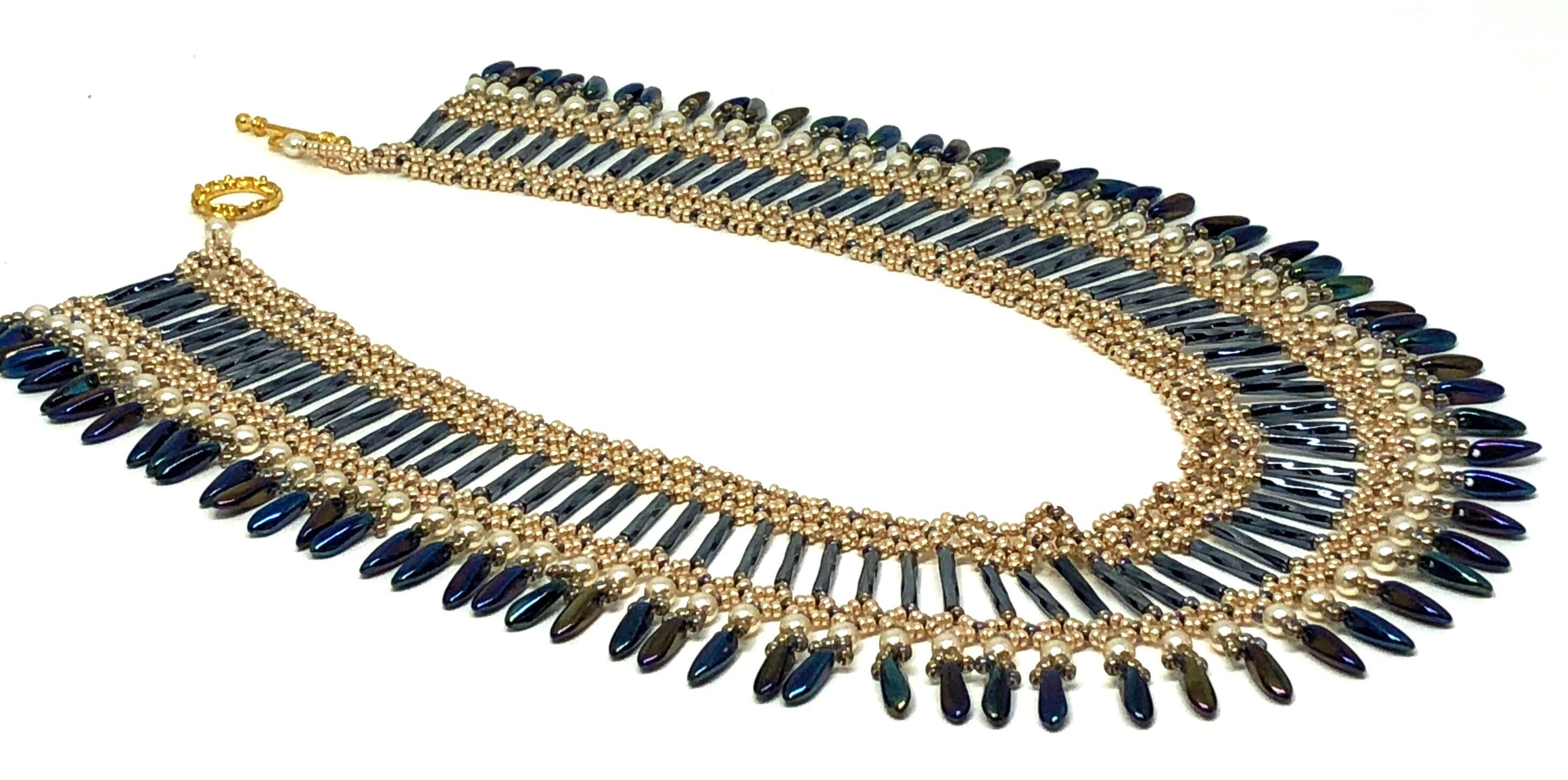 Handmade Gold Blue Bugle Bead Dagger Necklace