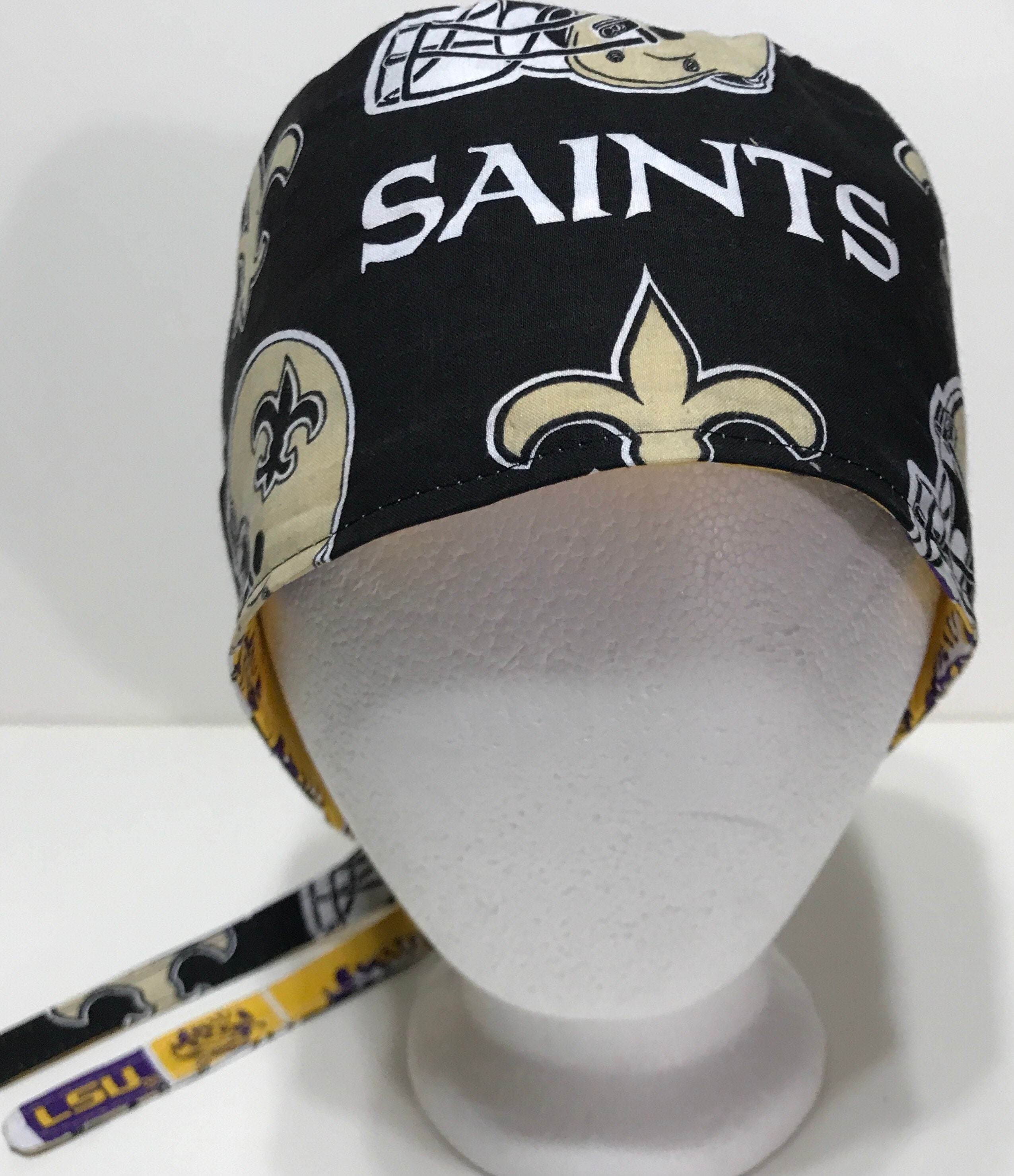 Reversible New Orleans Saints scrub cap handmade tie back cotton scrub hat welder biker nurse tech technician doctor dentist