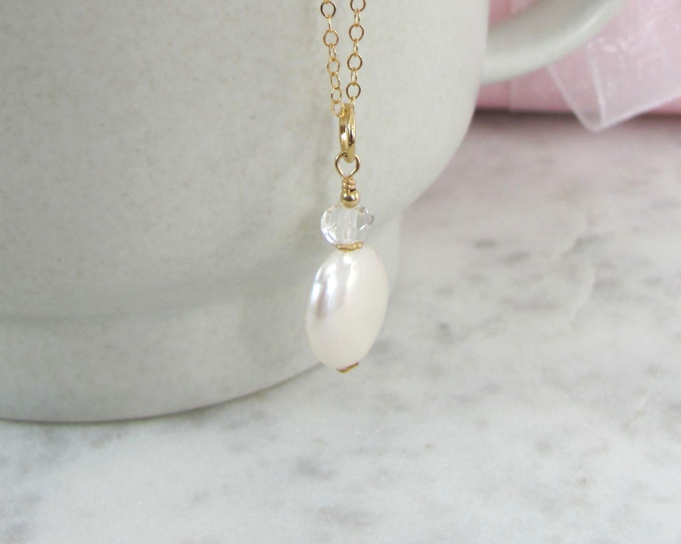 Personalized Pearl Necklace with Birthstones 14K Gold Filled