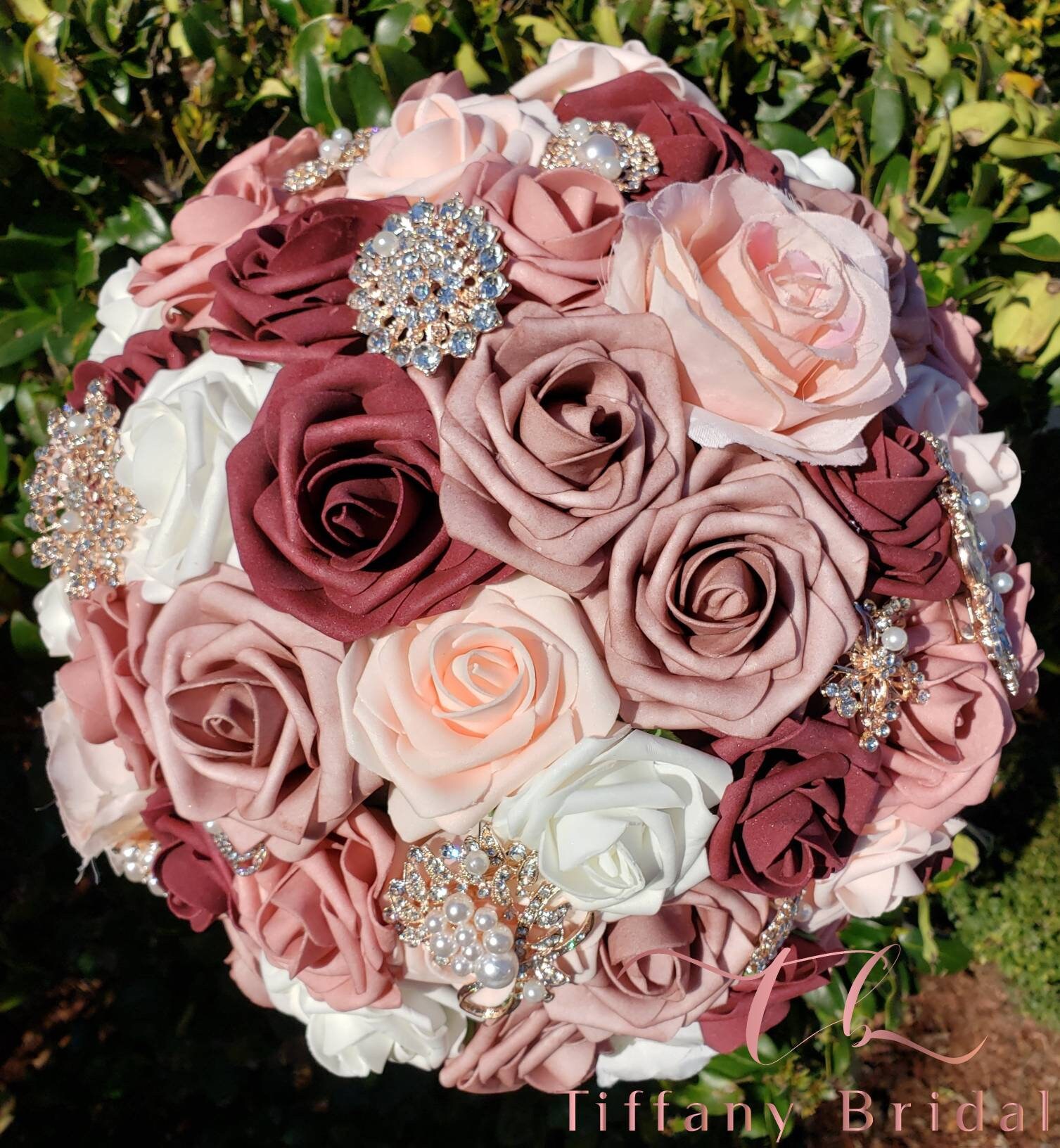 Dusty Pink and Cream Cascading online Bouquet Satin Rose Brooch Bouquet Keepsake Bouquet Jewelry Bridesmaids Bouquet Teardrop Gatsby Bouquet