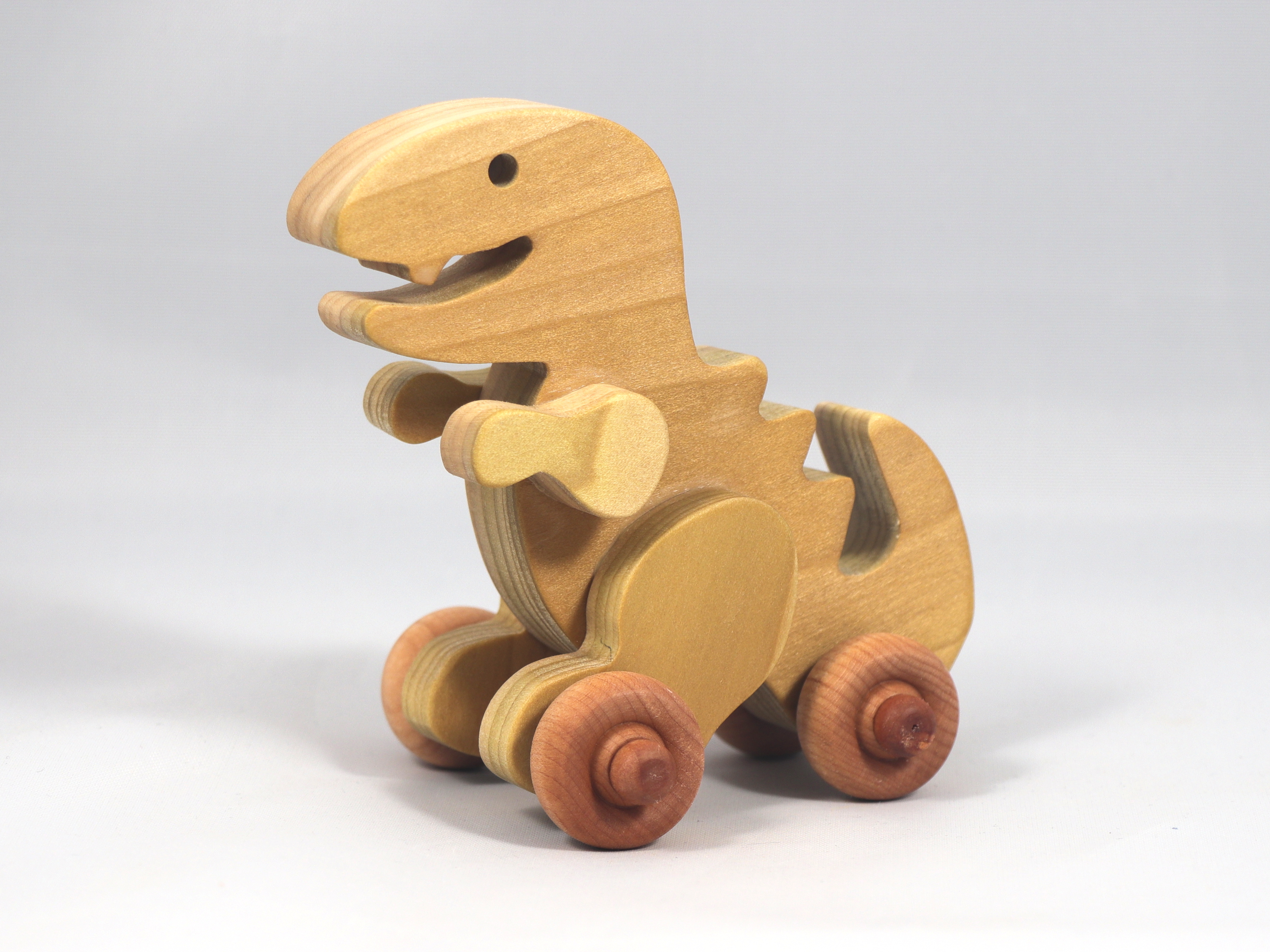 Handmade wooden push toy Tyrannosaurus Rex (T-Rex) dinosaur made from select grade hardwoods and finished with a non-toxic coating.