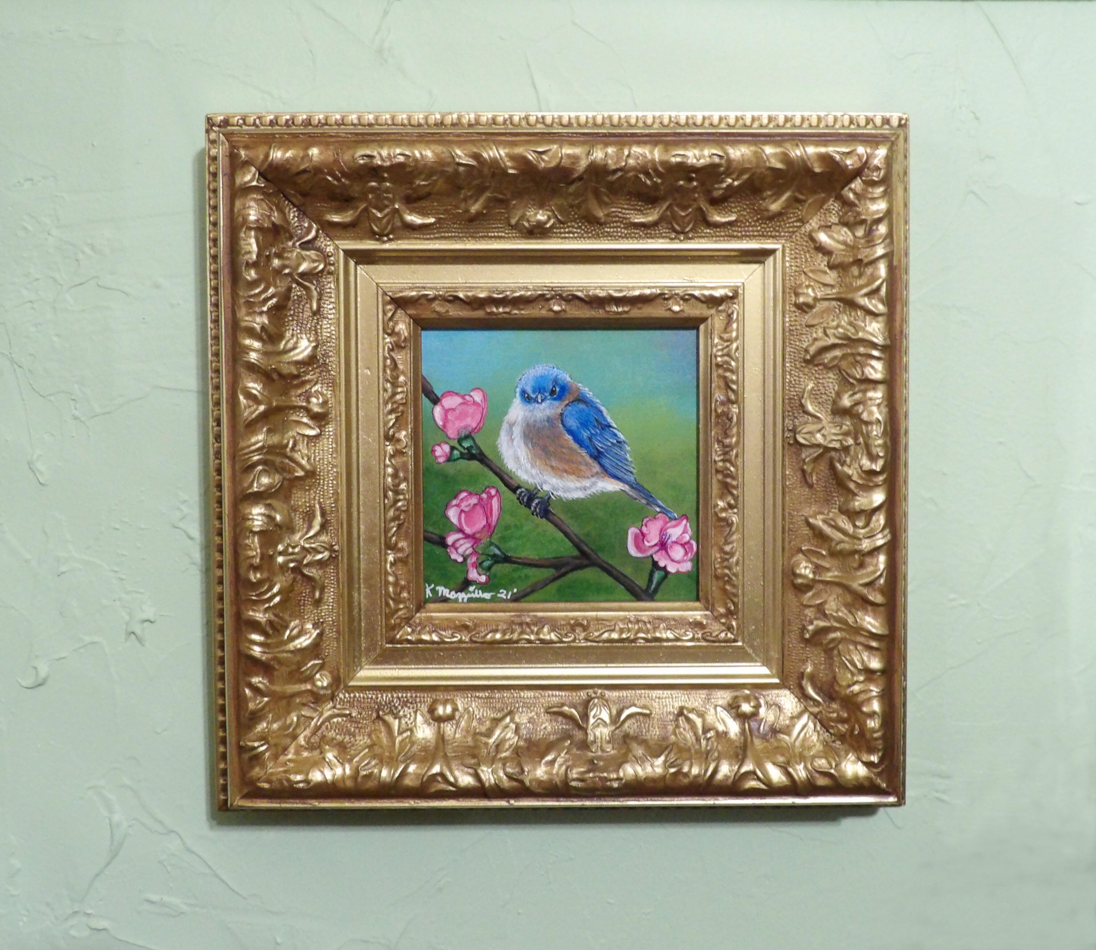 Blue bird and flowers satin and oil based painting