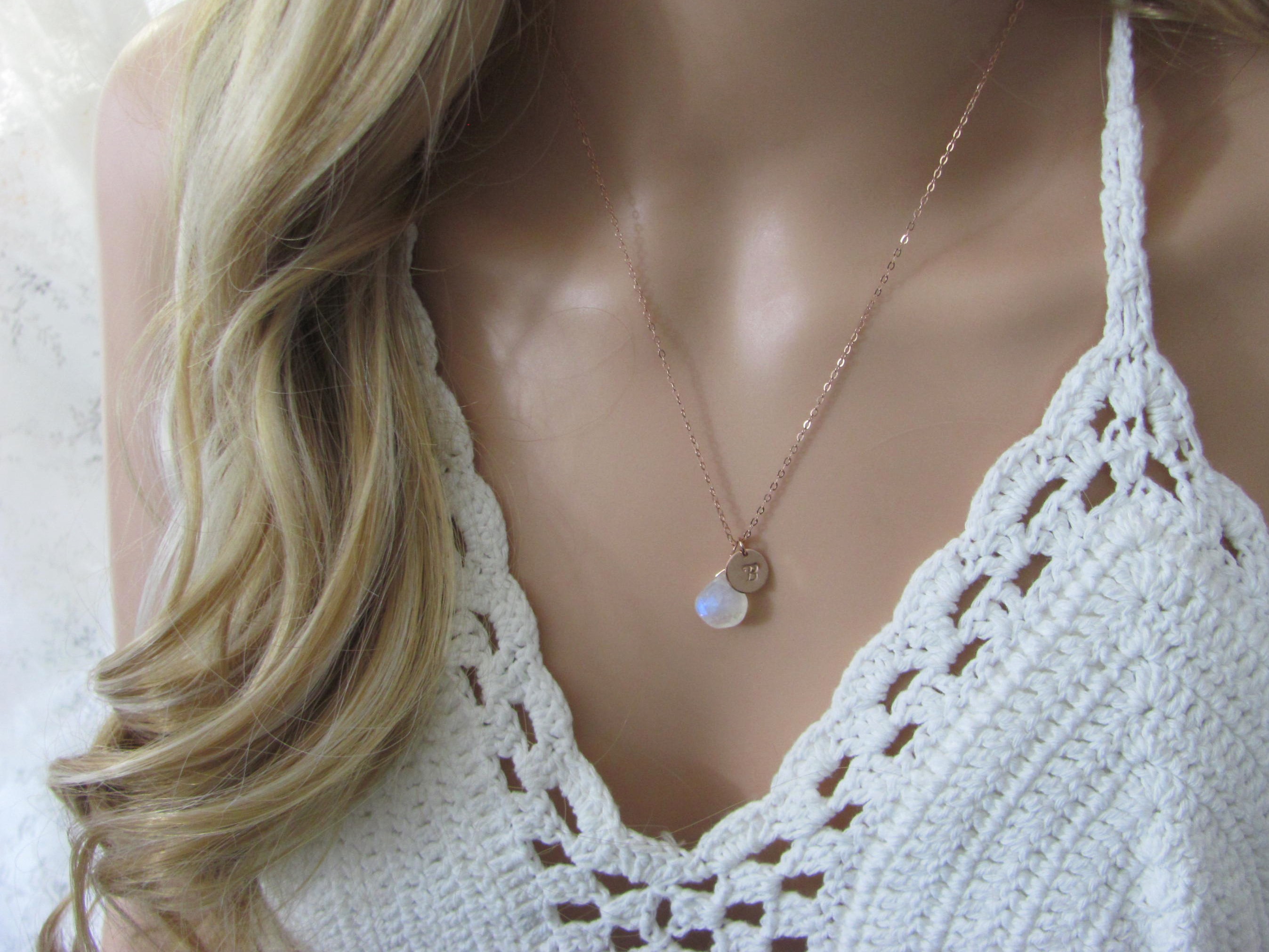 Moonstone Necklace Personalized with Initial Disc, Bridesmaid Gifts
