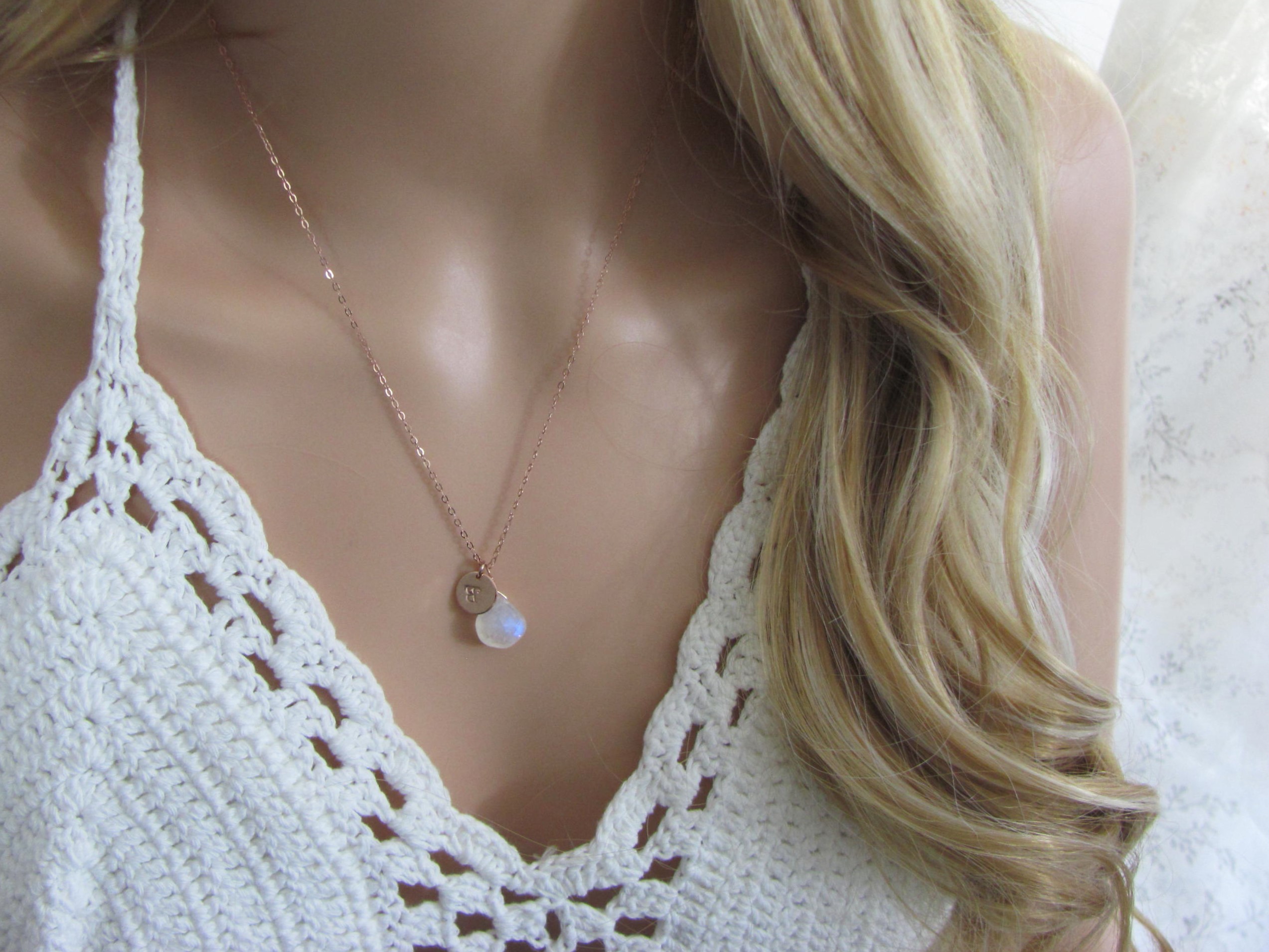 Moonstone Necklace Personalized with Initial Disc, Bridesmaid Gifts