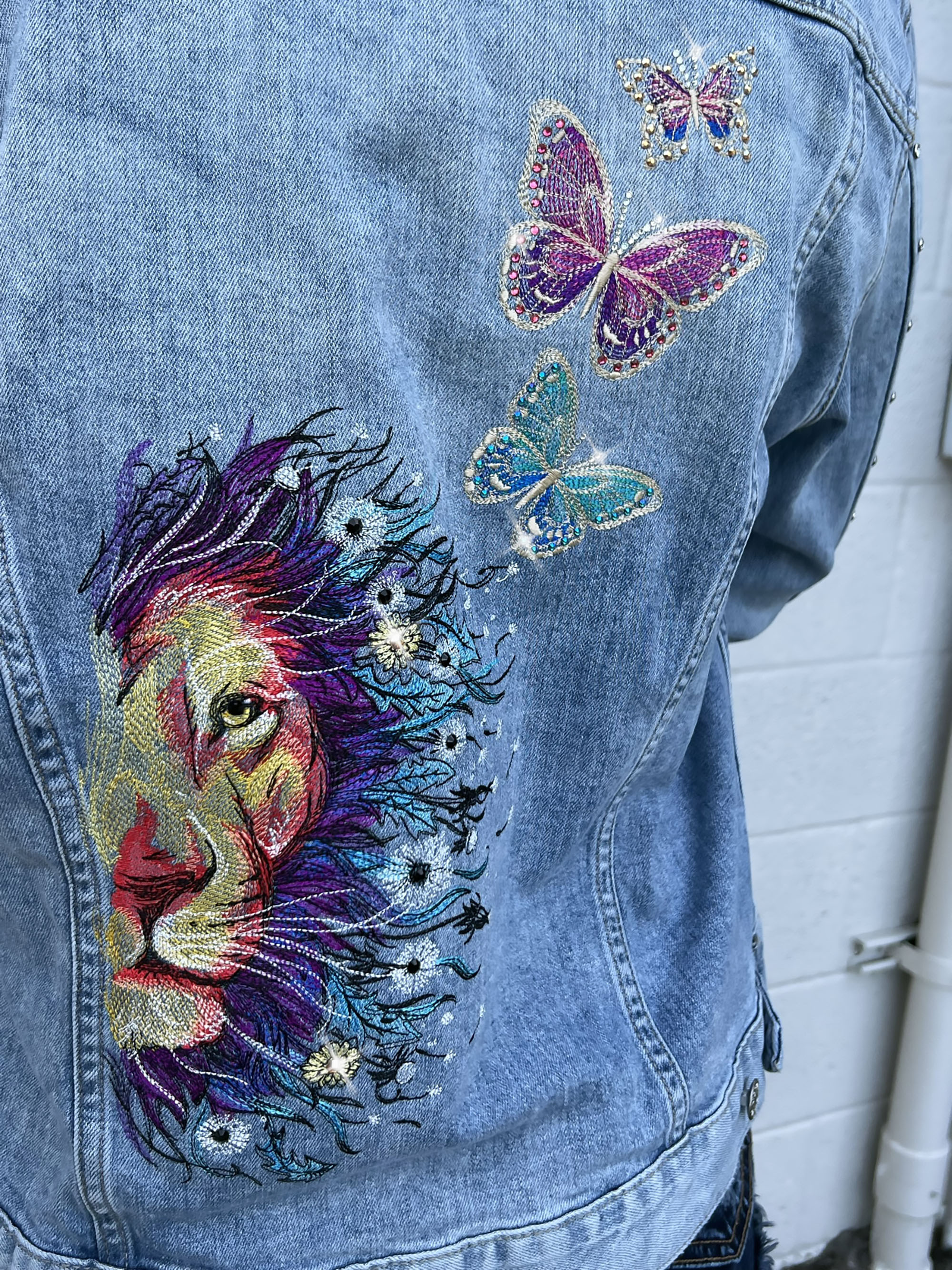 Personalized kids denim jacket with embroidered lion design - toddler jean jacket store with name