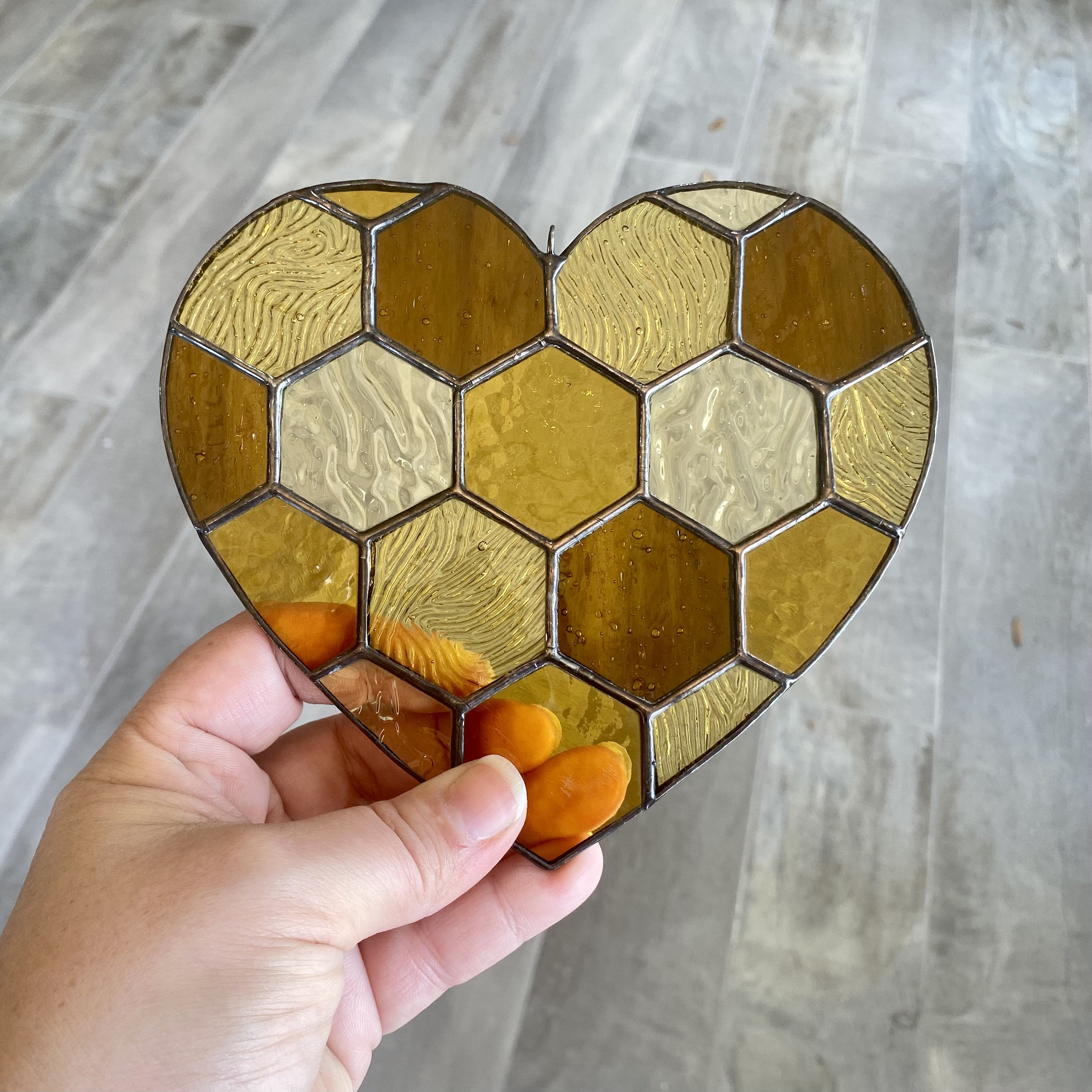 Products :: Handcrafted stained glass honeycomb heart suncatcher in  cathedral amber, honey bee home decor, sweet gift idea, unique window  hanging