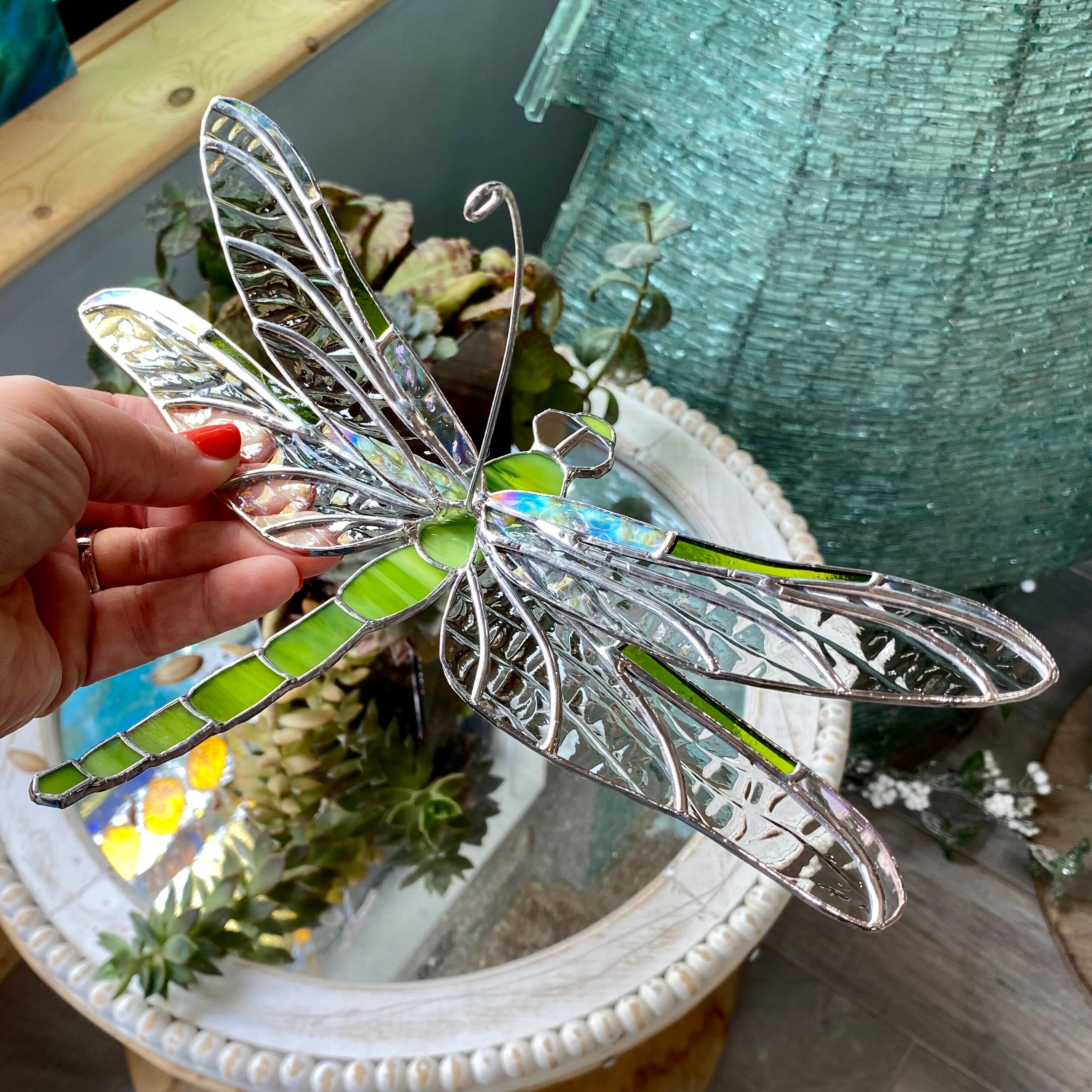 Dragonfly, stained glass dragonfly, dragonfly suncatcher, clear wing dragonfly ornament, dragonfly decor, iridescent outlets dragonfly decoration