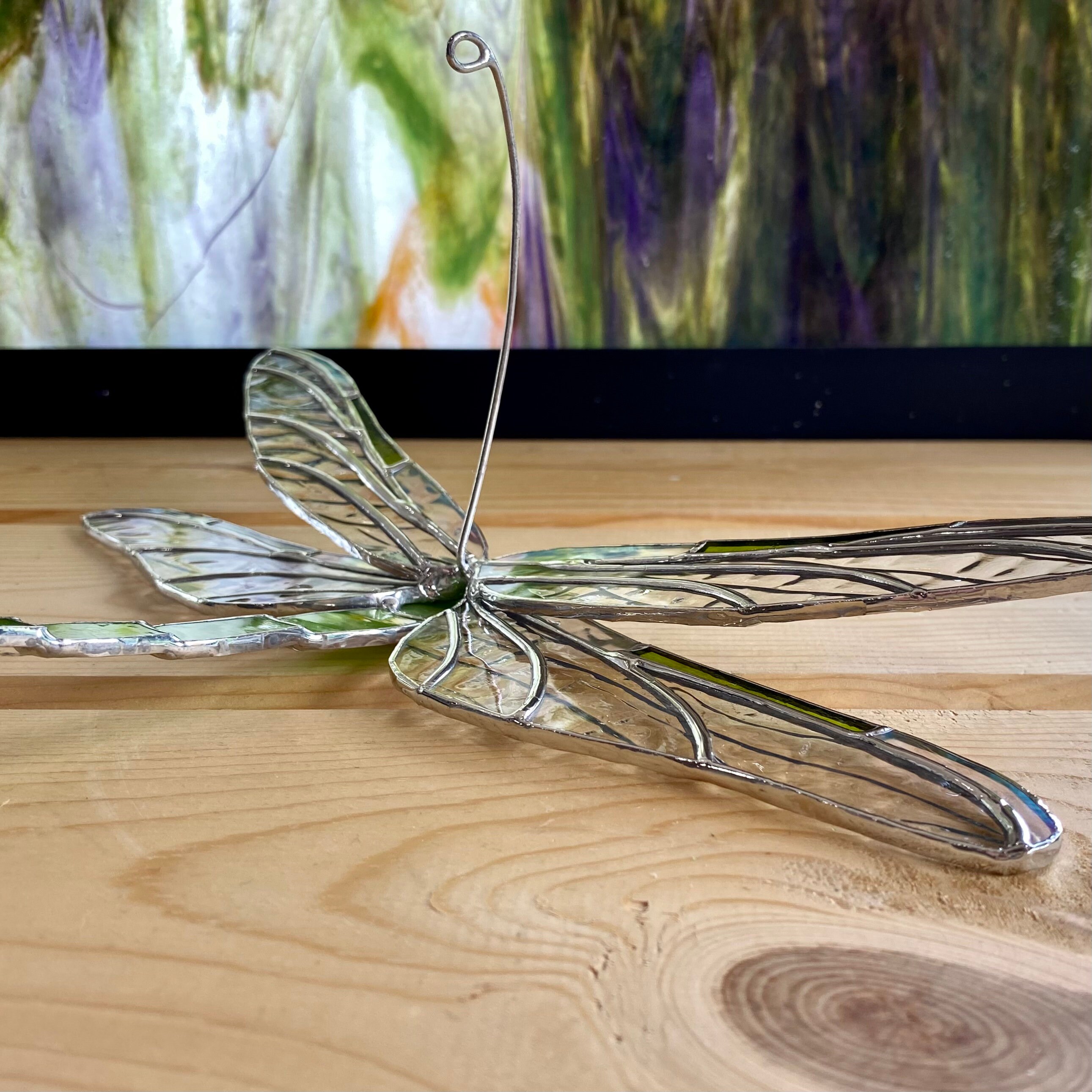 Firefly, suncatcher, stainedglass, maker,glassart, nightlight,shades outlet of green and yellow glass, dragonfly