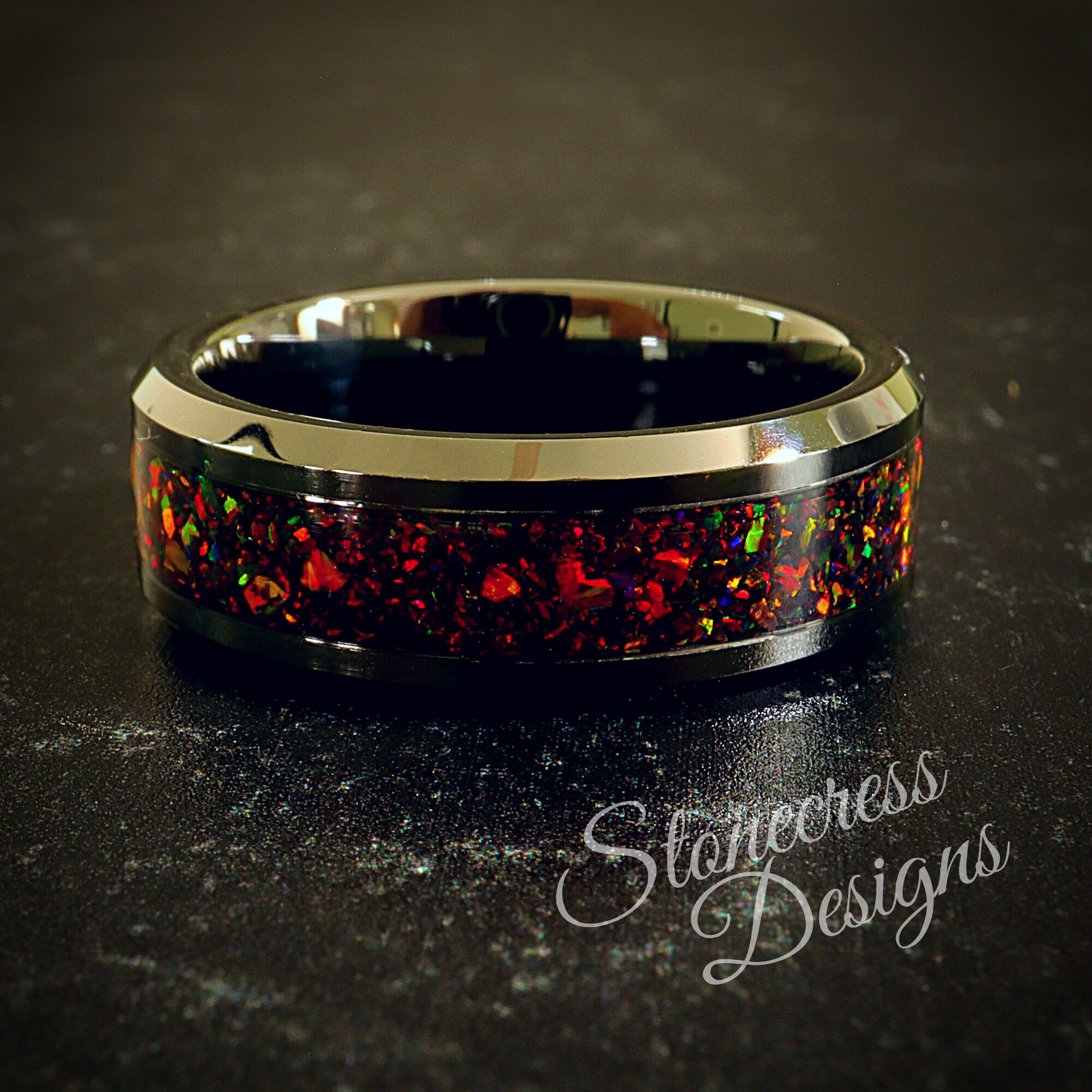 Party Gras 2.0 Crushed Opal Ring, Mens Wedding Band,, His & Hers, Engagement Ring, Ring sale Box,