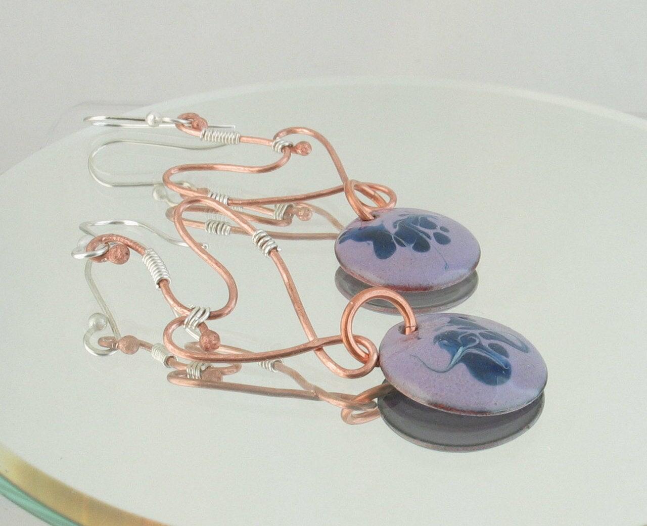 Lilac & Blue Enamel Copper & Sterling Earrings