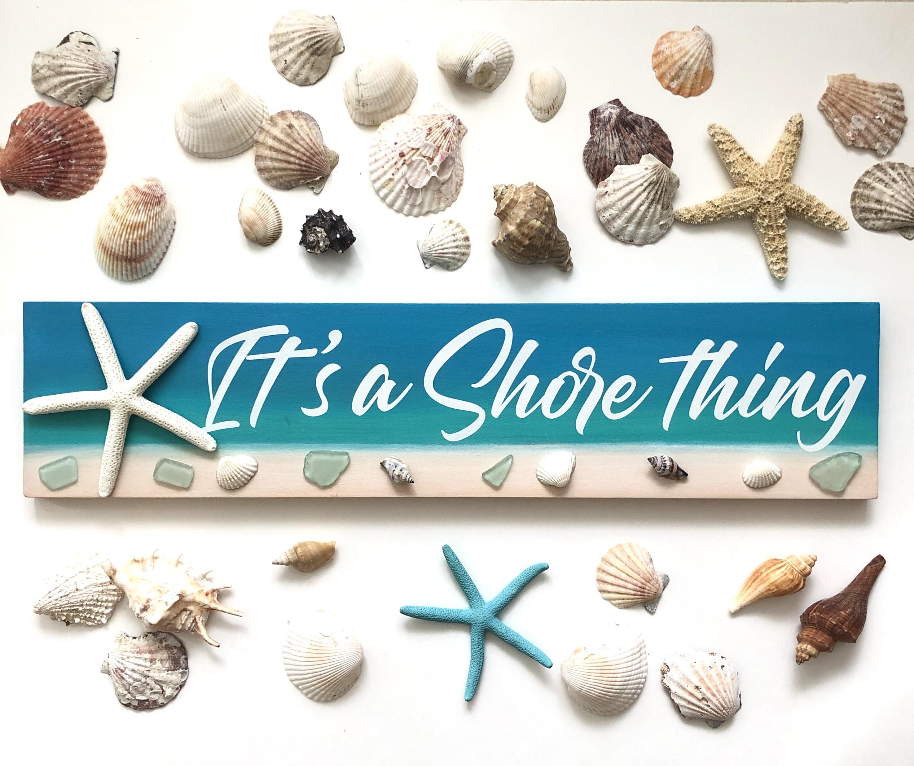 It’s a shore thing sign, Jersey Shore Sign with coastal beachy colors, watercolor effect background with sea shells and sea glass and a large starfish, Jersey Shore Decor, Summer Decor, Coastal Decor, Summer Signs, Watercolor theme background for beach house