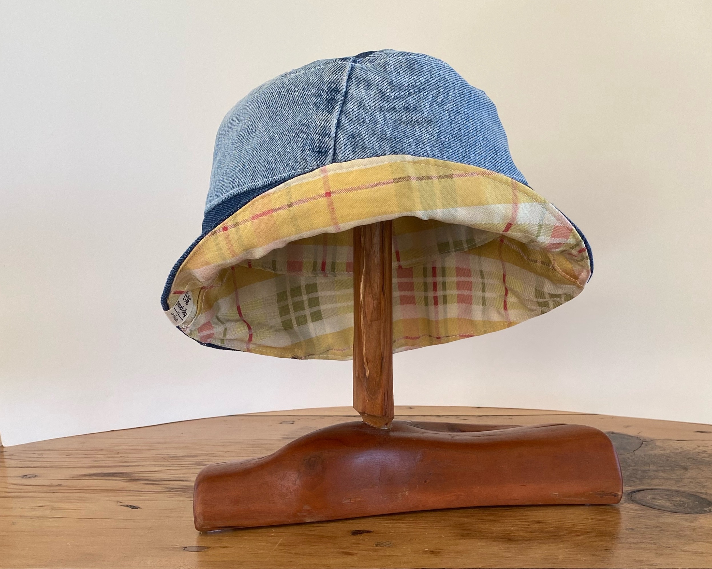 Handmade XL Bucket Hat in Patchworked Denim with Yellow Plaid Lining