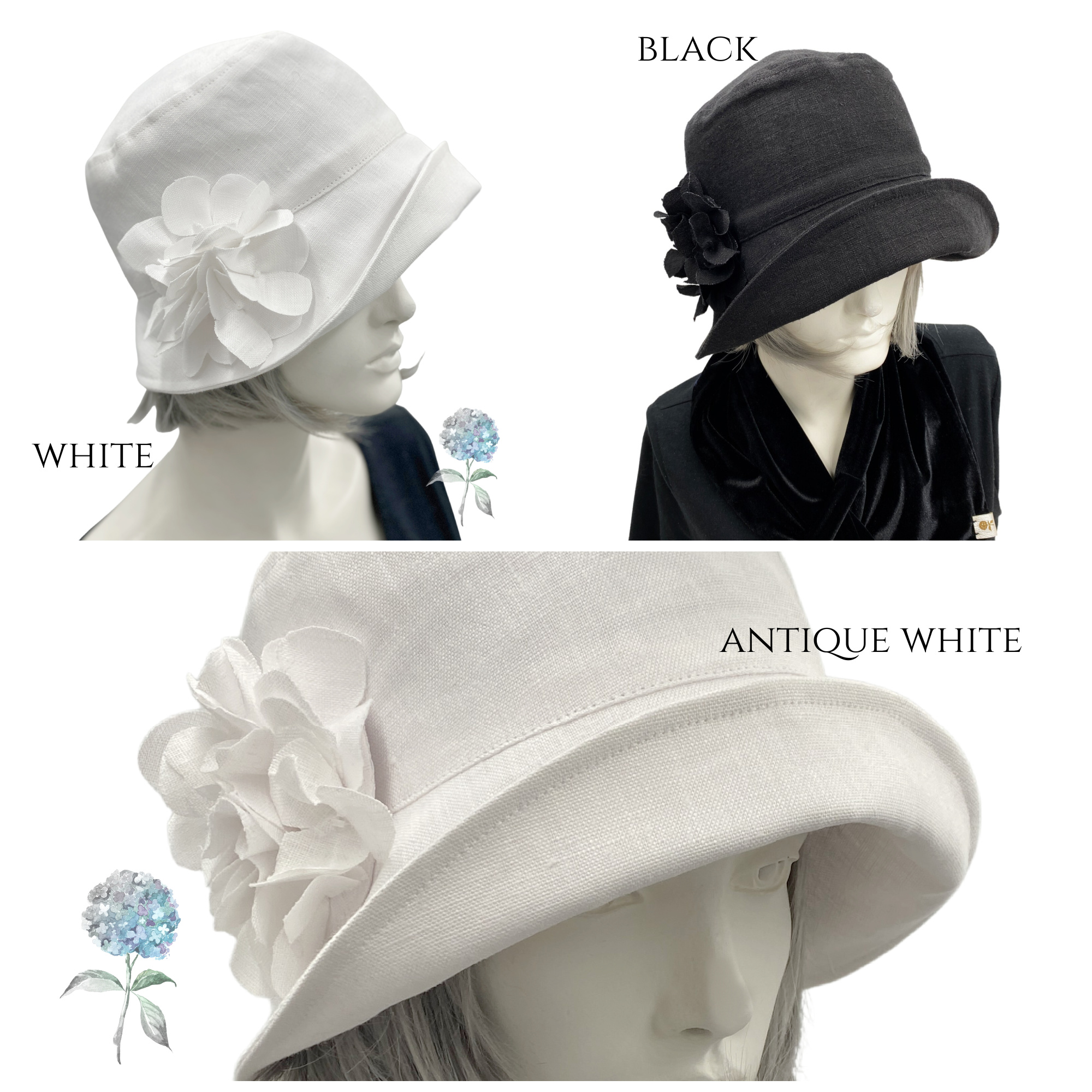 Products 1920s Cloche Hat Women Handmade in Cream Linen with Hydrangea Flower Brooch