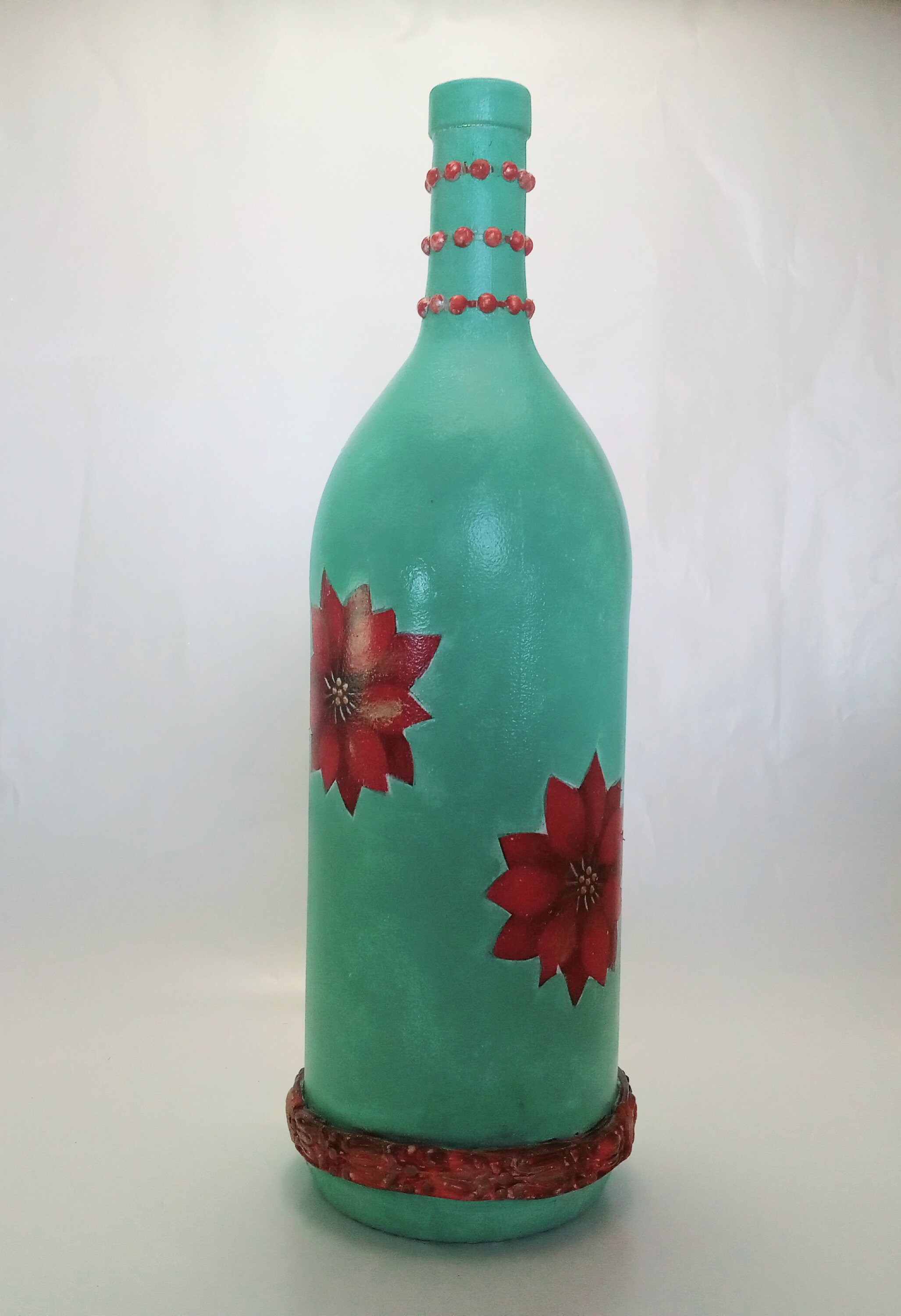 Sale Home decor, cold porcelain decorated wine bottle, Flowers clay decorated bottle, Handmade decorated wine bottle