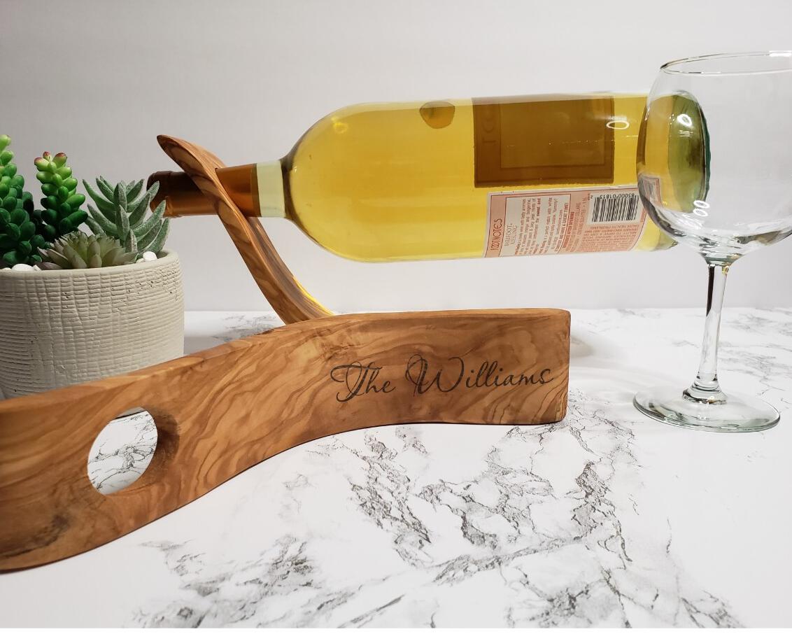 Engraved Olive Wood Wine Bottle Holder