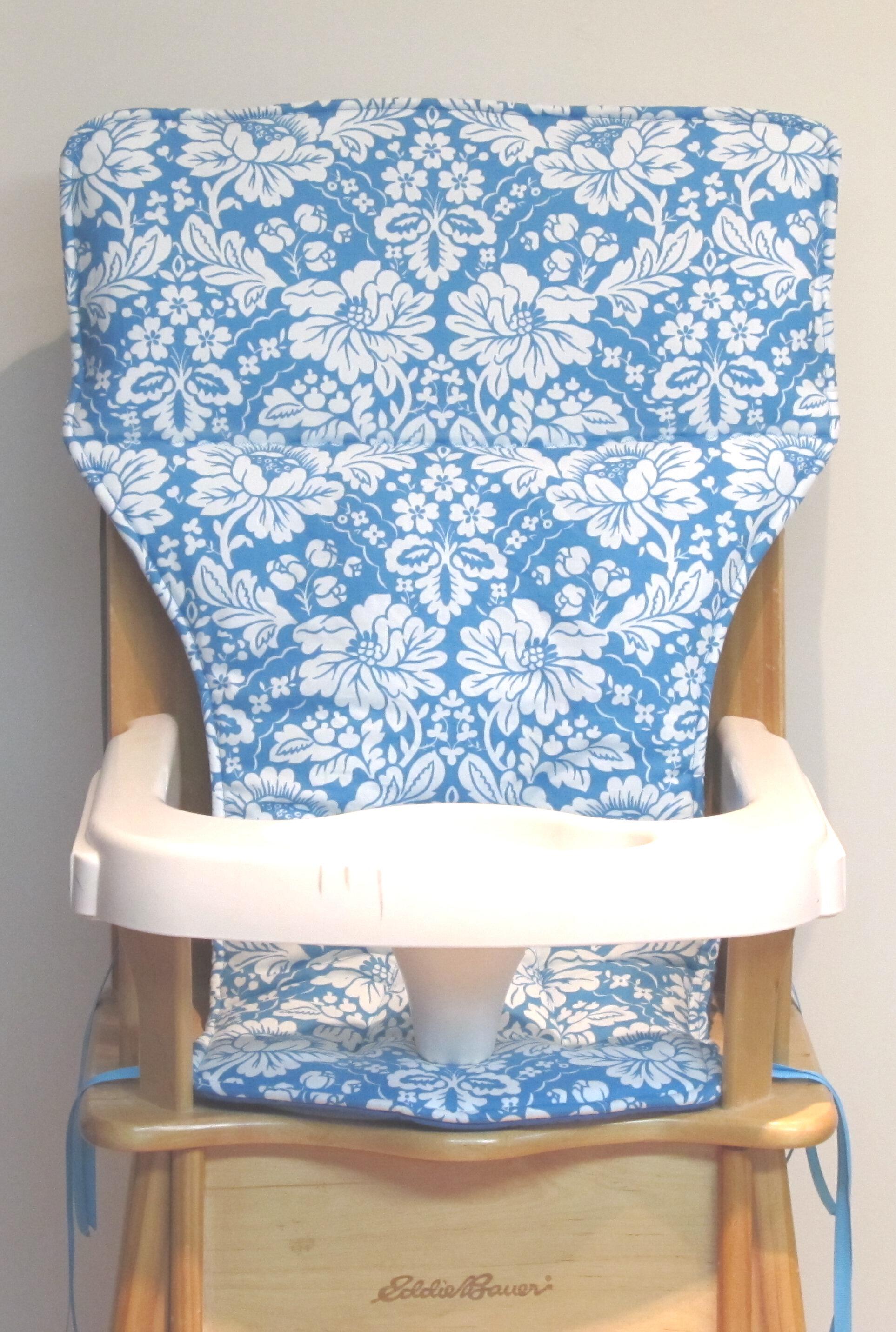 floral highchair replacement pad for wooden highchairs, large white flowers on blue