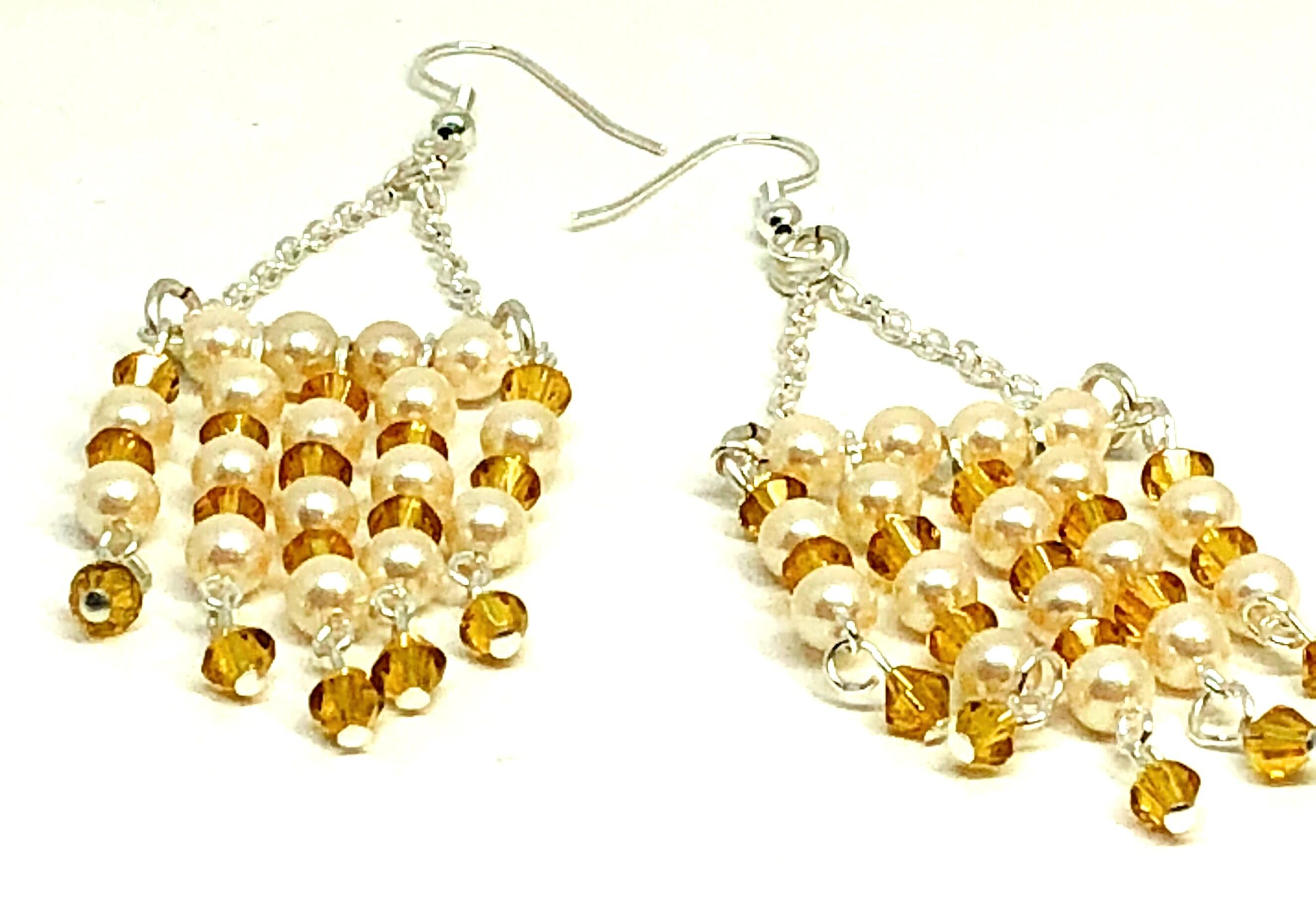 Handmade Triangle Pearl Topaz Chain Earrings