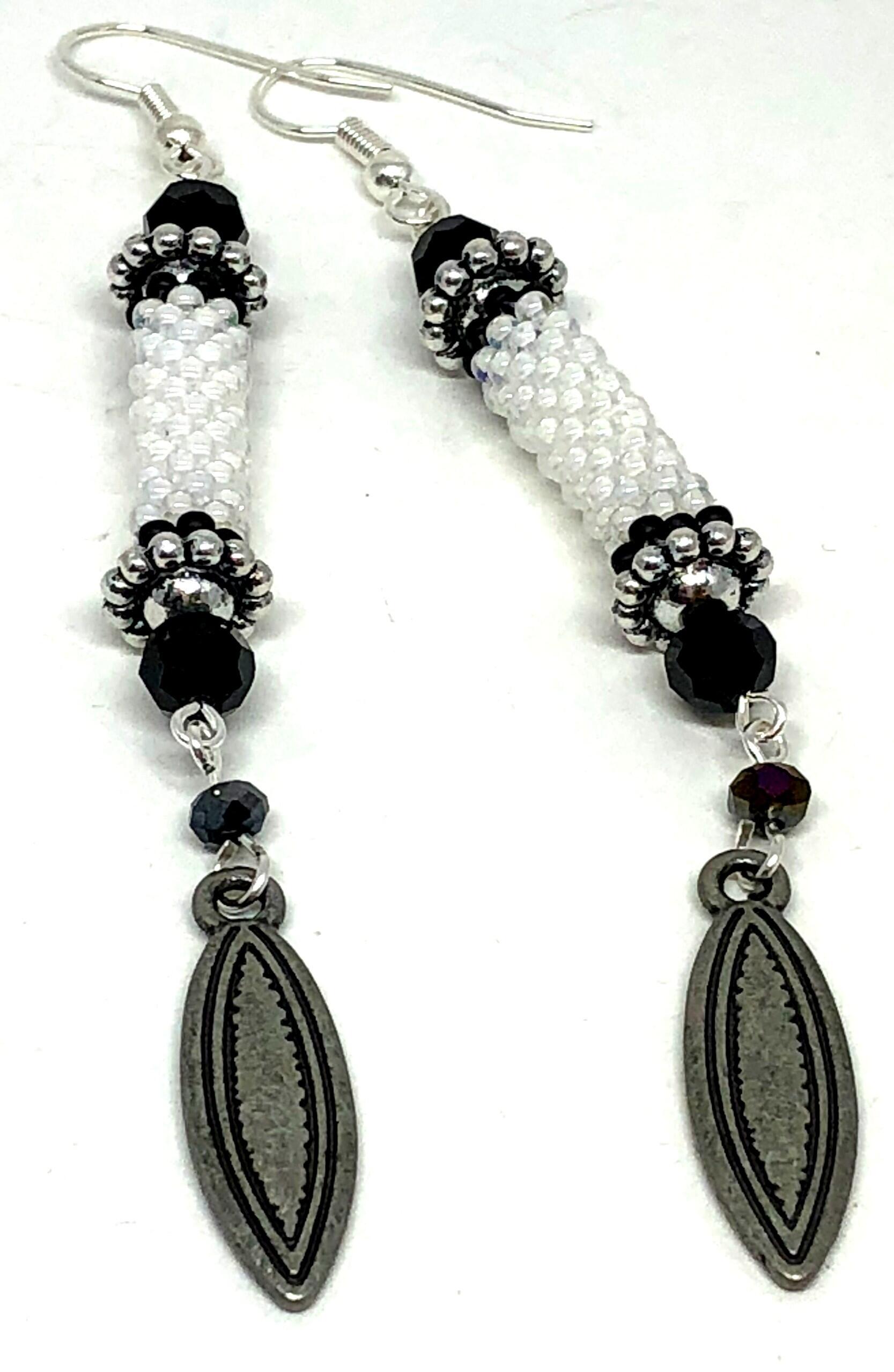 Handmade White and Black Tube Drop Earrings