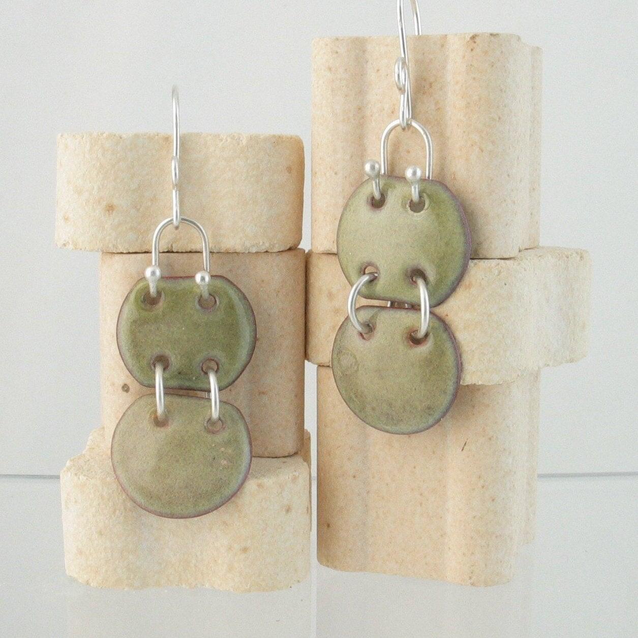 Olive green copper enamel dangle articulated earringsOlive green copper enamel dangle articulated earrings