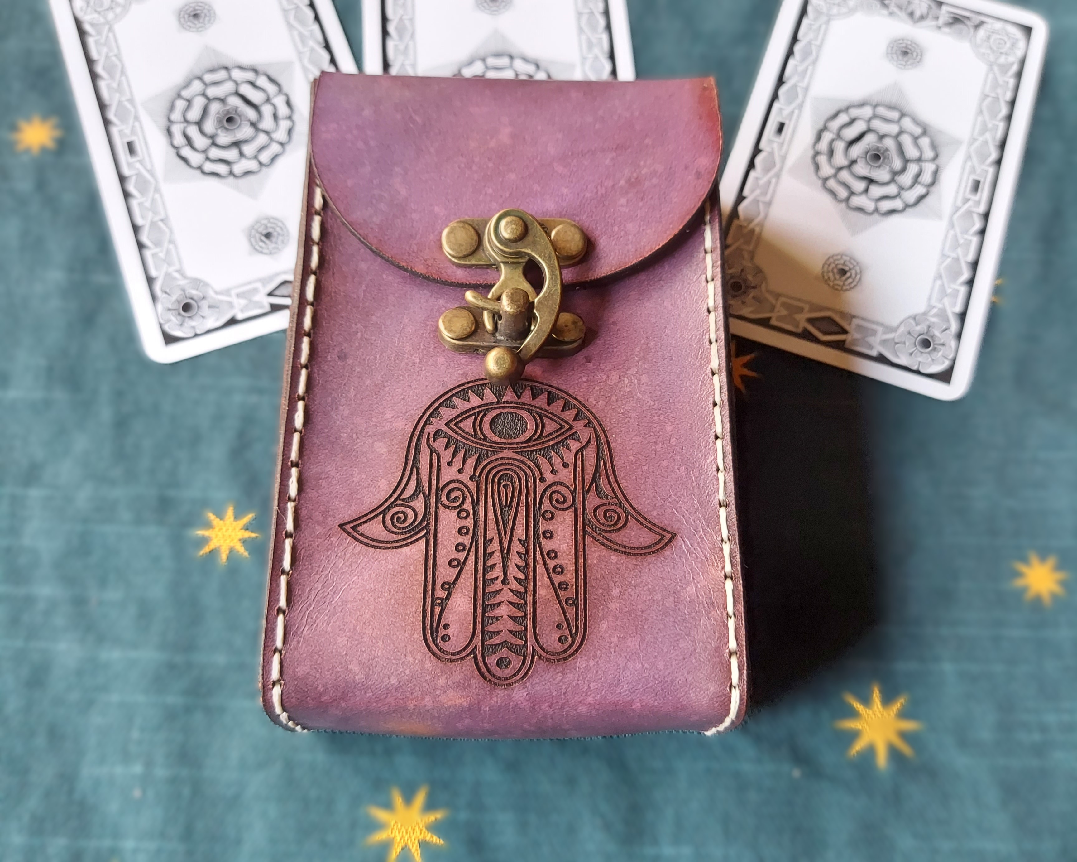 Hamsa Hand Premium Leather Tarot Card Case in Violet. buying Hamsa Symbol Handmade premium distressed leather tarot deck box in purple.