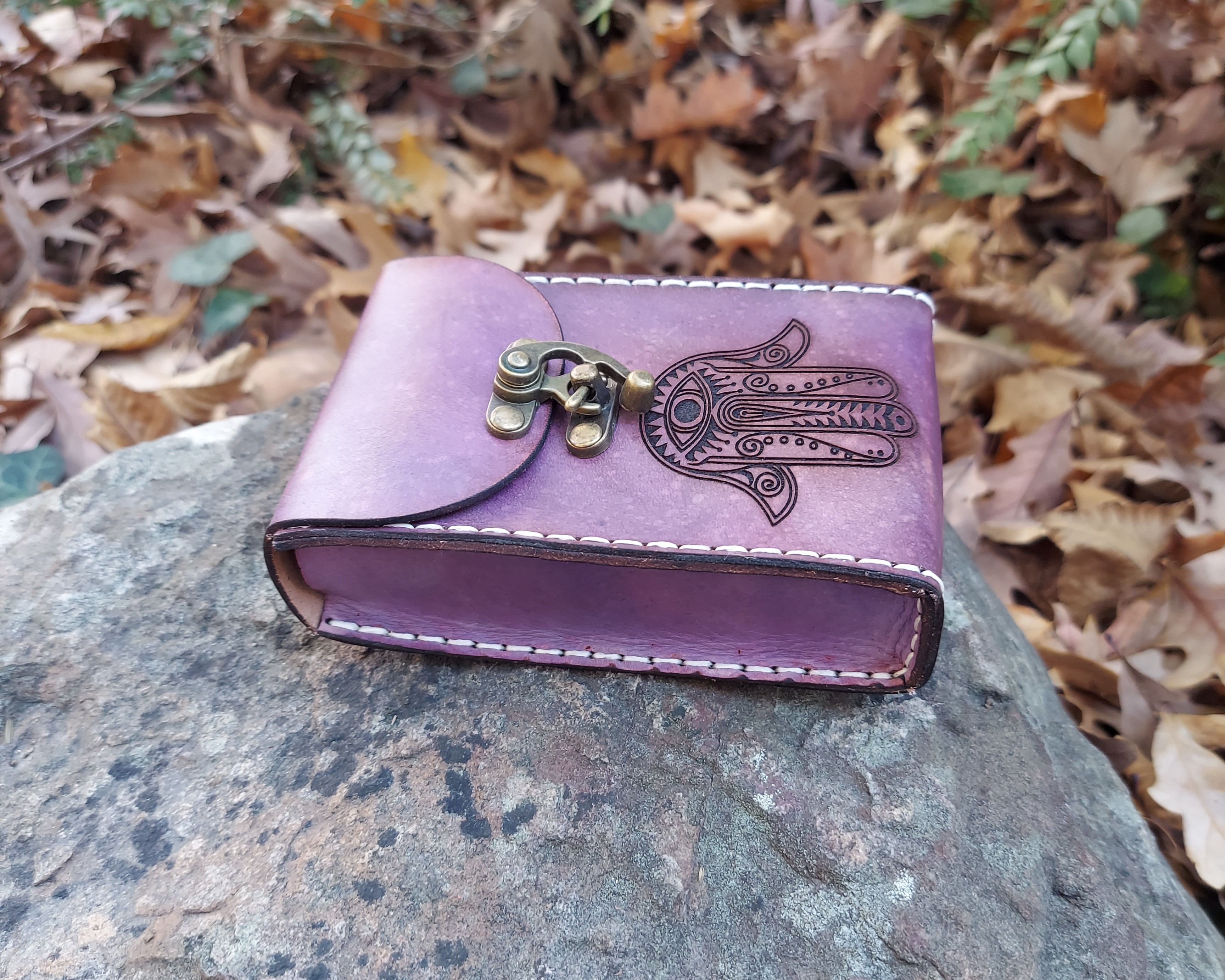 Hamsa Hand Premium Leather Tarot Card Case in order Violet. Hamsa Symbol Handmade premium distressed leather tarot deck box in purple.