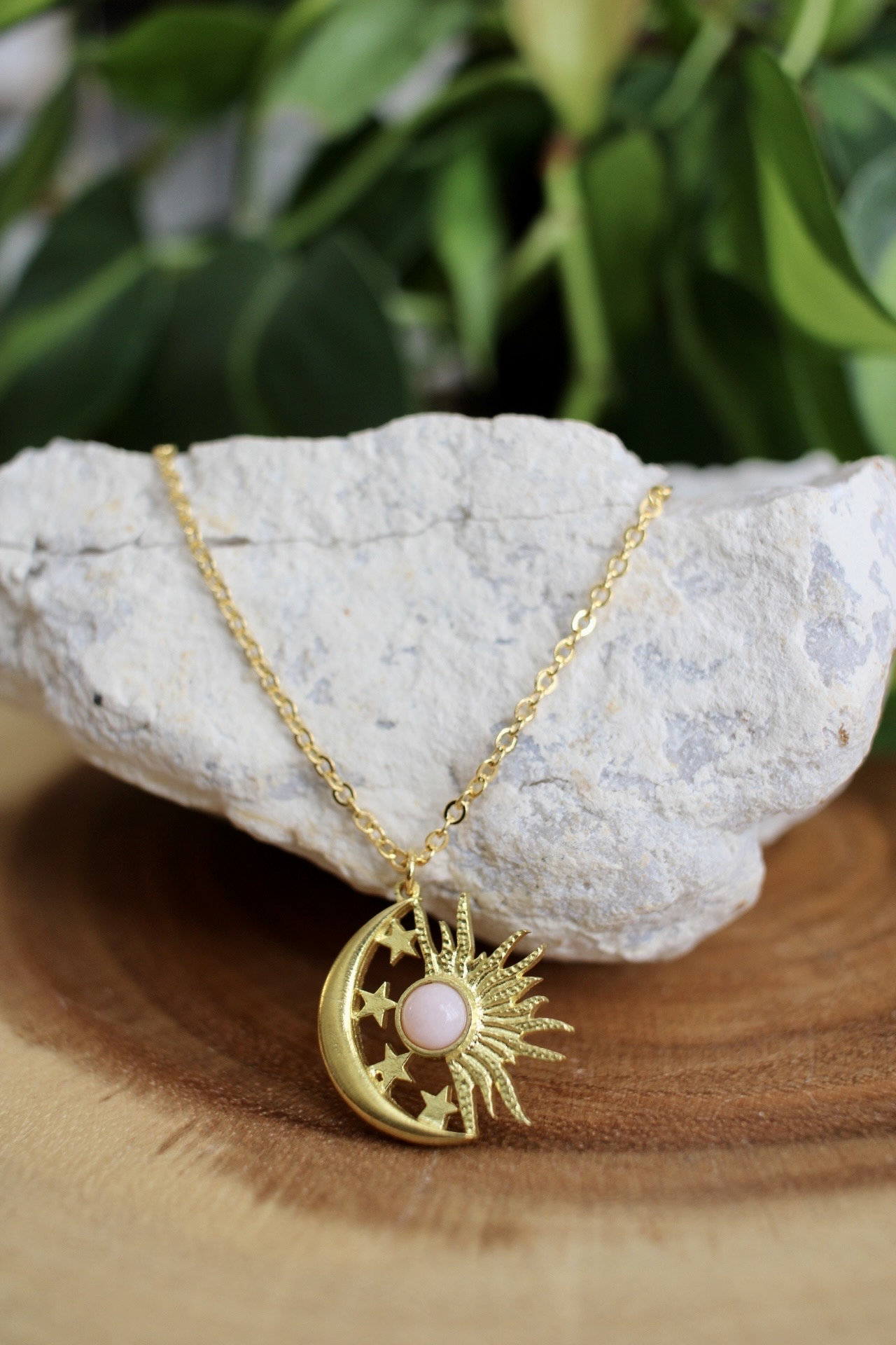 Products :: Pink Opal Celestial Necklace, Sun Moon Stars