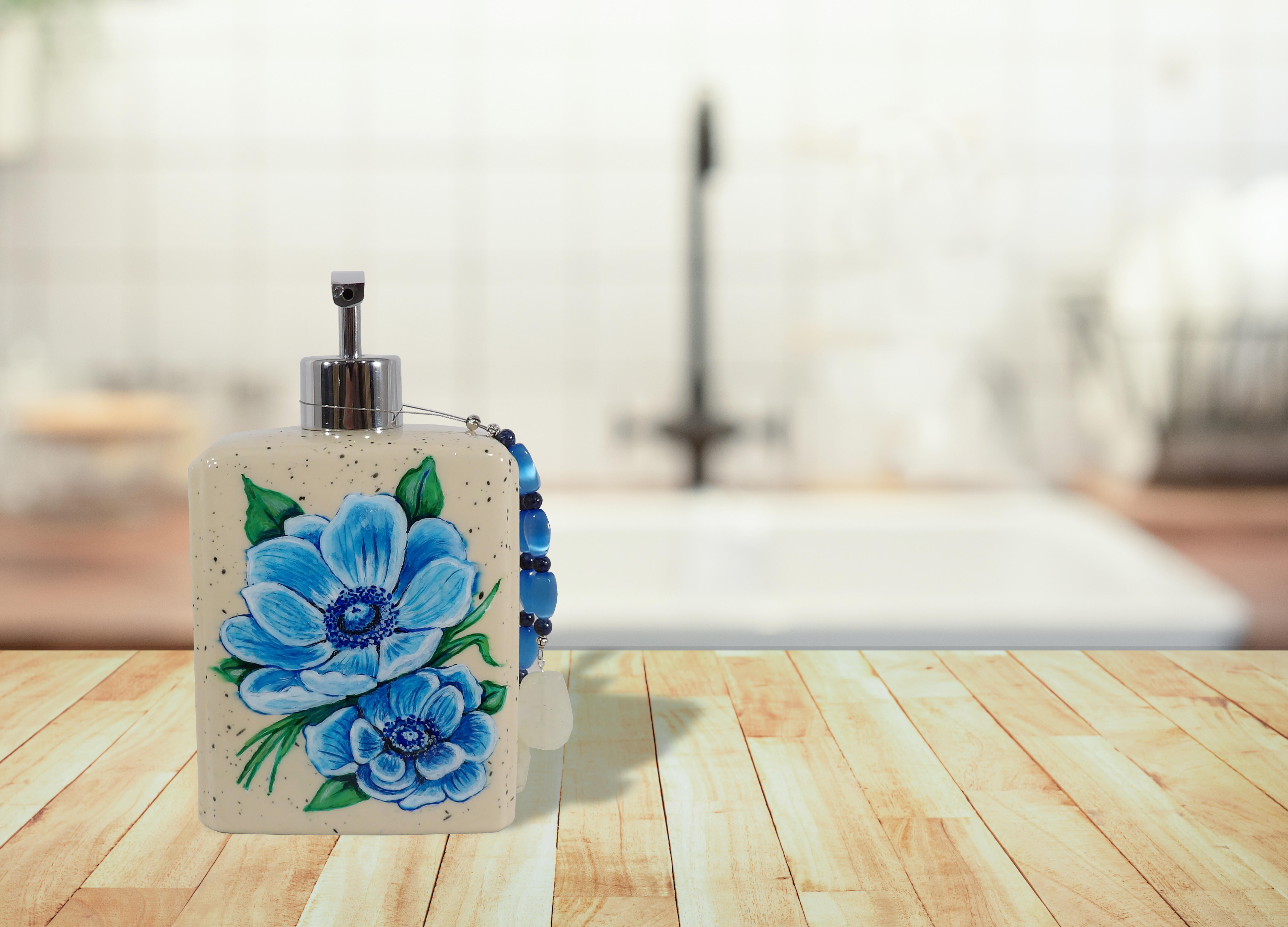 blue flowered soap pump