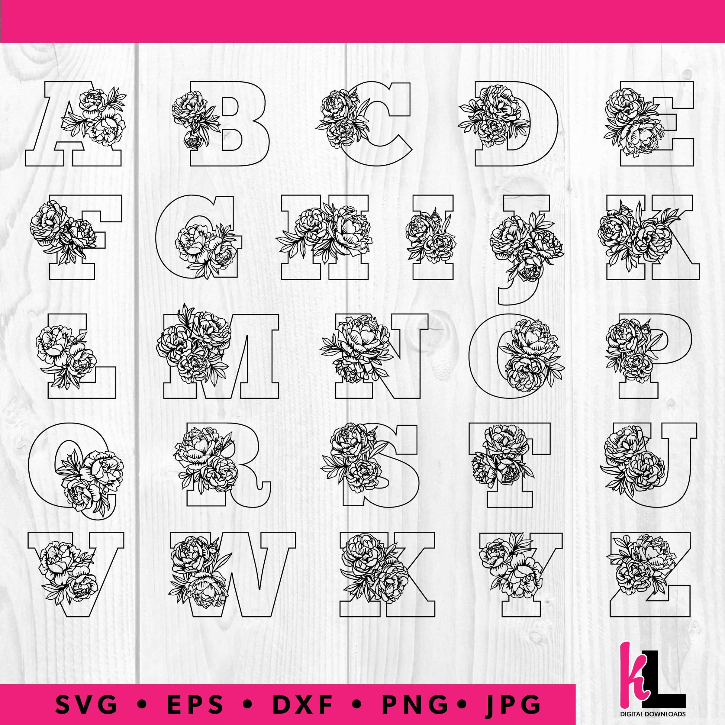 Download Handmade Supplies Clip Art Image Files Floral Letters Svg A Z Initials Svg Flower Monogram Peony Svg Vector Bundle Floral Alphabet Cricut Cutfile Silhouette Cut Files