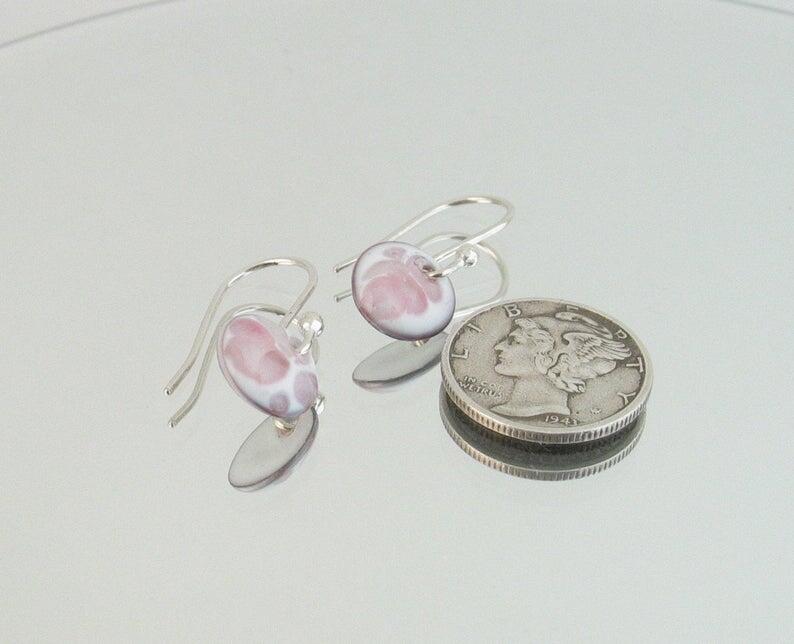 Tiny Orchid Pink Copper Enamel Disc Dangle Earrings