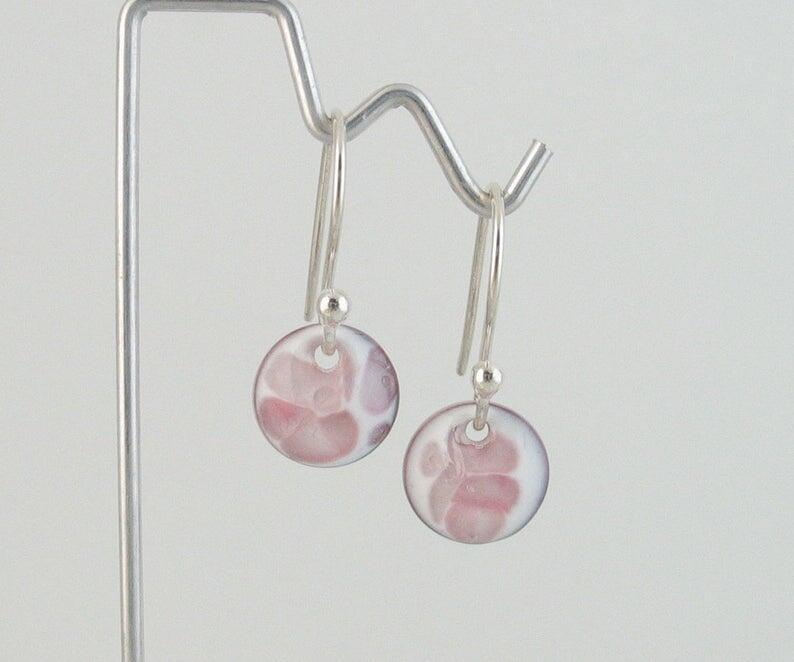 Tiny Orchid Pink Copper Enamel Disc Dangle Earrings