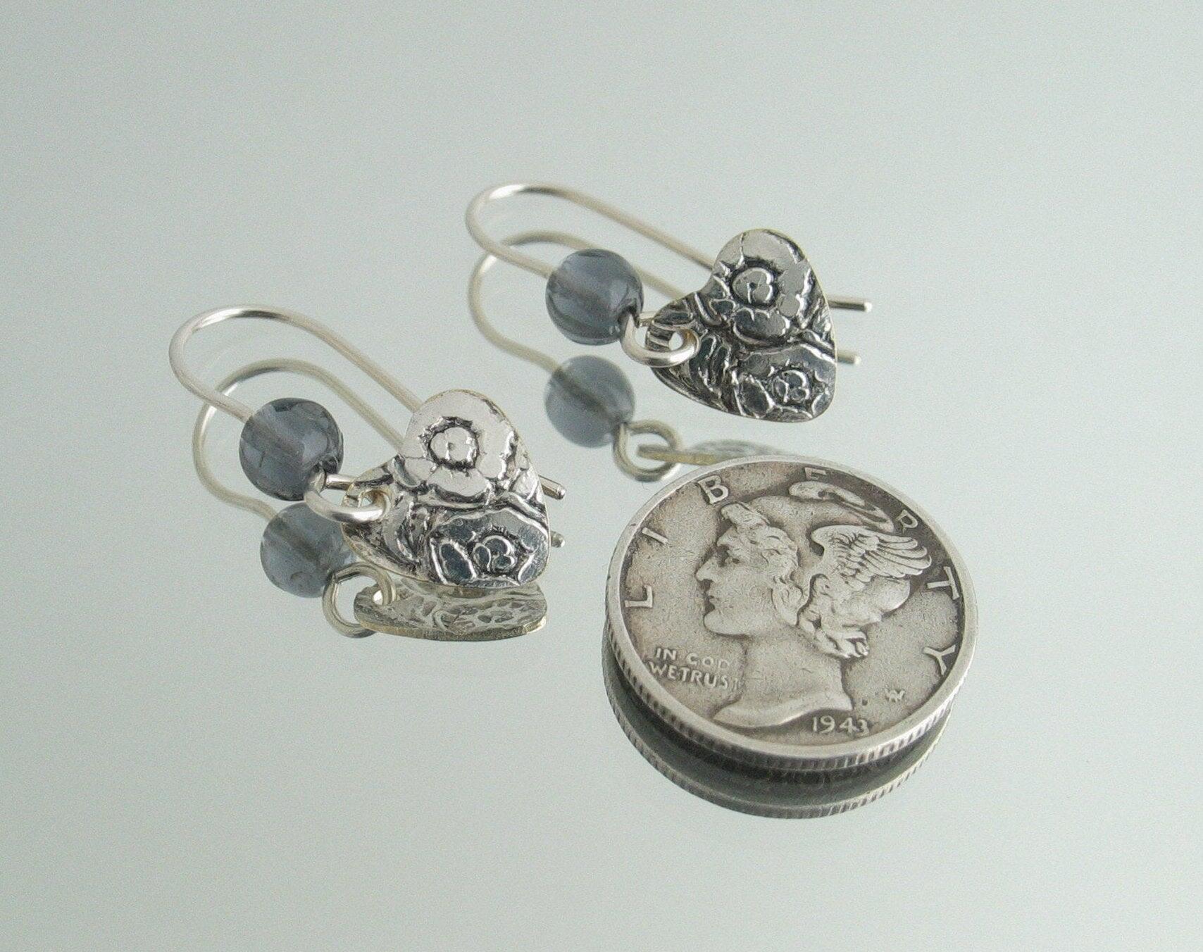 Petite Silver Floral Heart & Amethyst-Glass Earrings