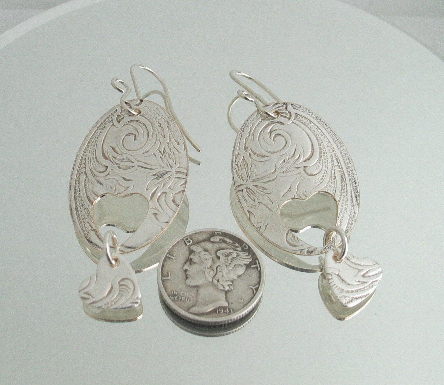 Silver Oval and Heart Dangle Earrings