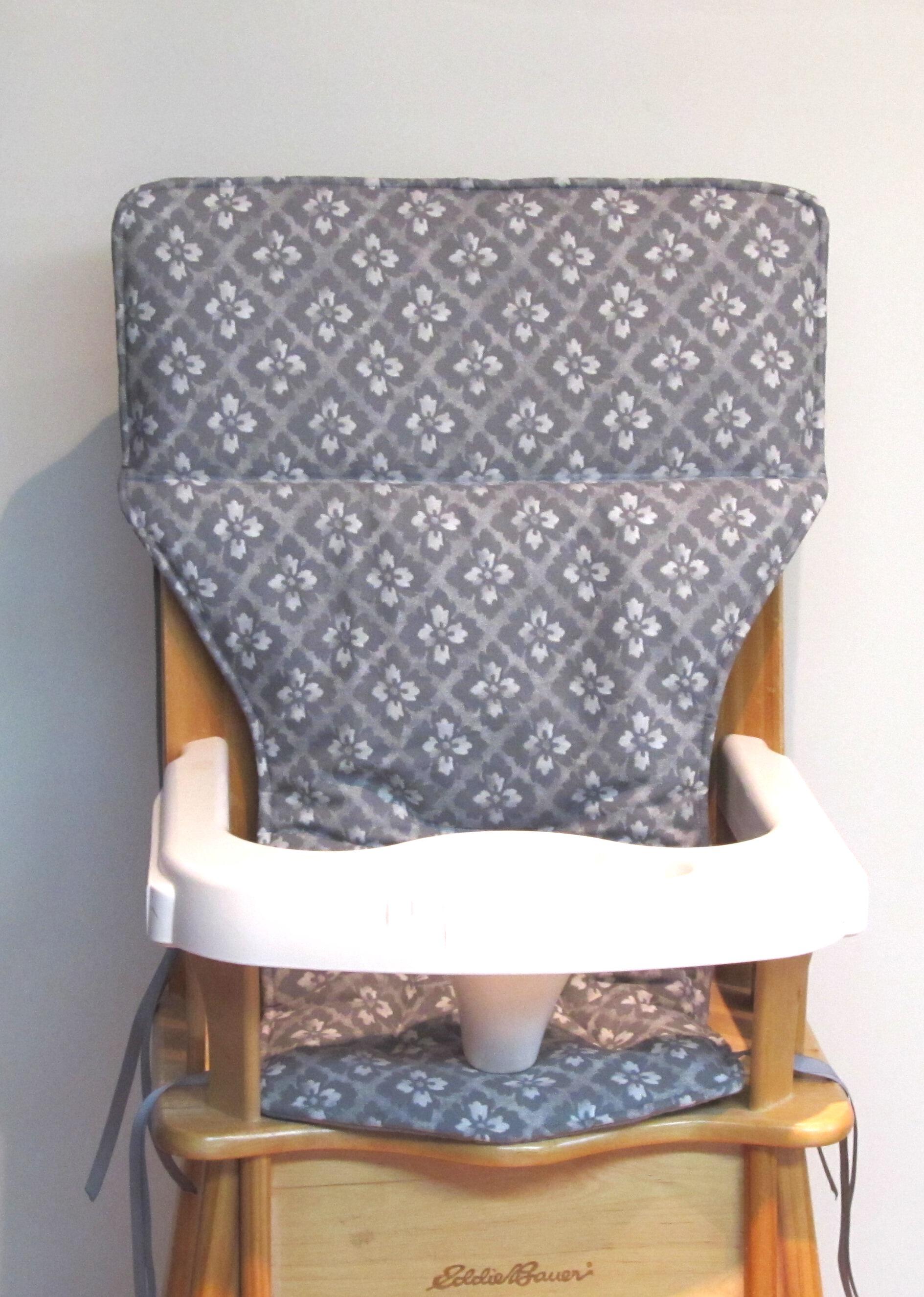 gray Eddie Bauer wooden highchair replacement pad, gray flowers on gray