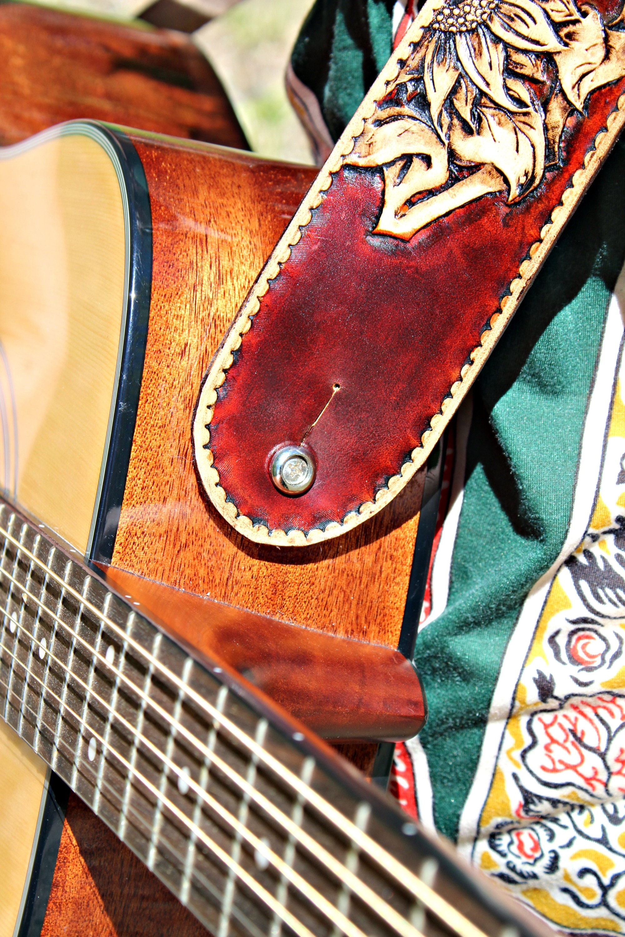 Guatemalan embroidered leather guitar strap, Gift guitarist, Unique guitar strap, Acoustic Electric guitar strap, Jade green - Peacock outlets PRG1