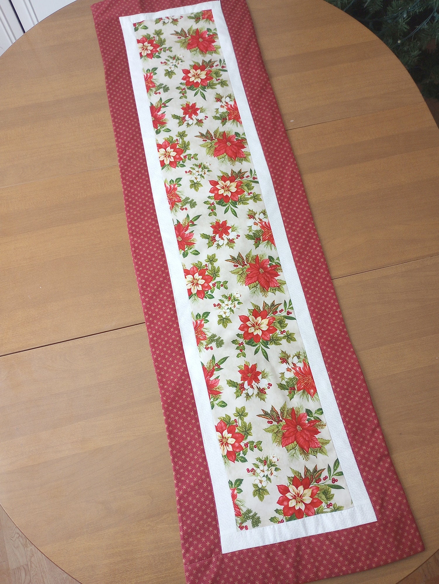 Handmade Table Runner for Sale, Christmas Table Runner, Poinsettia 2024 Table, Holiday Table Topper, Red Poinsettia, Quilts for Sale Handmade