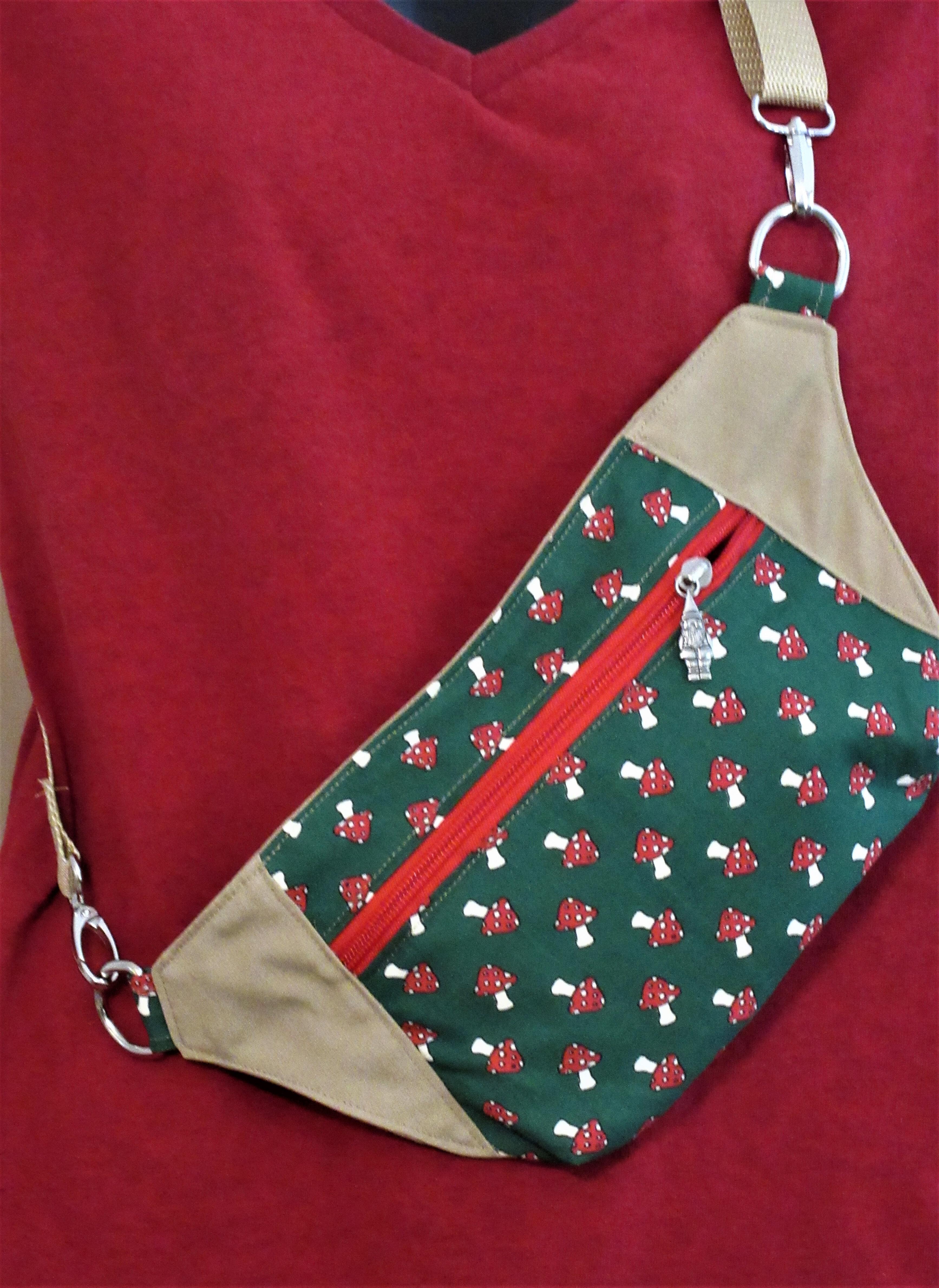 gnome and mushroom bum bag fanny pack red zipper gnome charm up to 50 inch green and red print