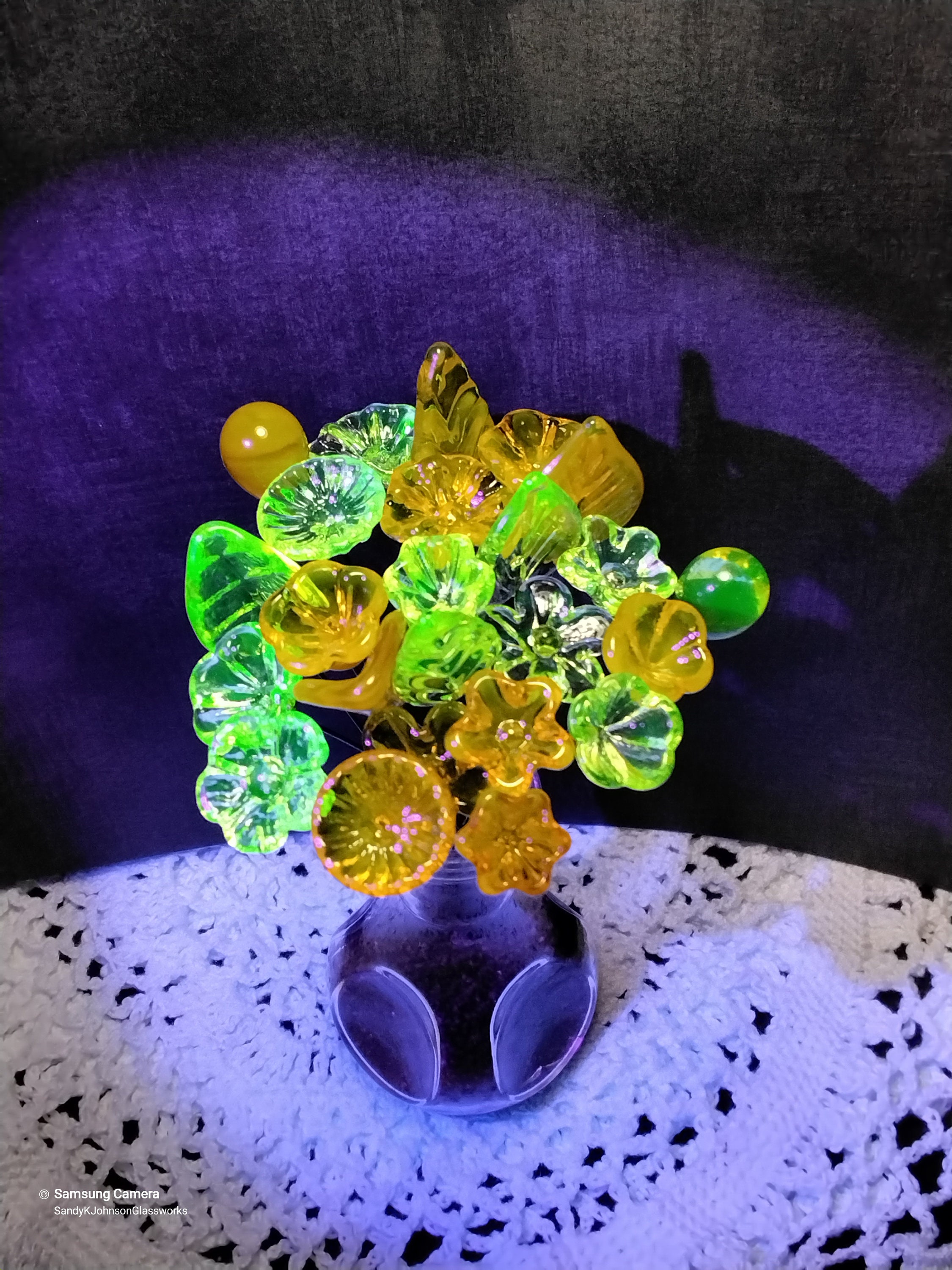 Handcrafted flower stem yellow green blue lampwork glass beads top