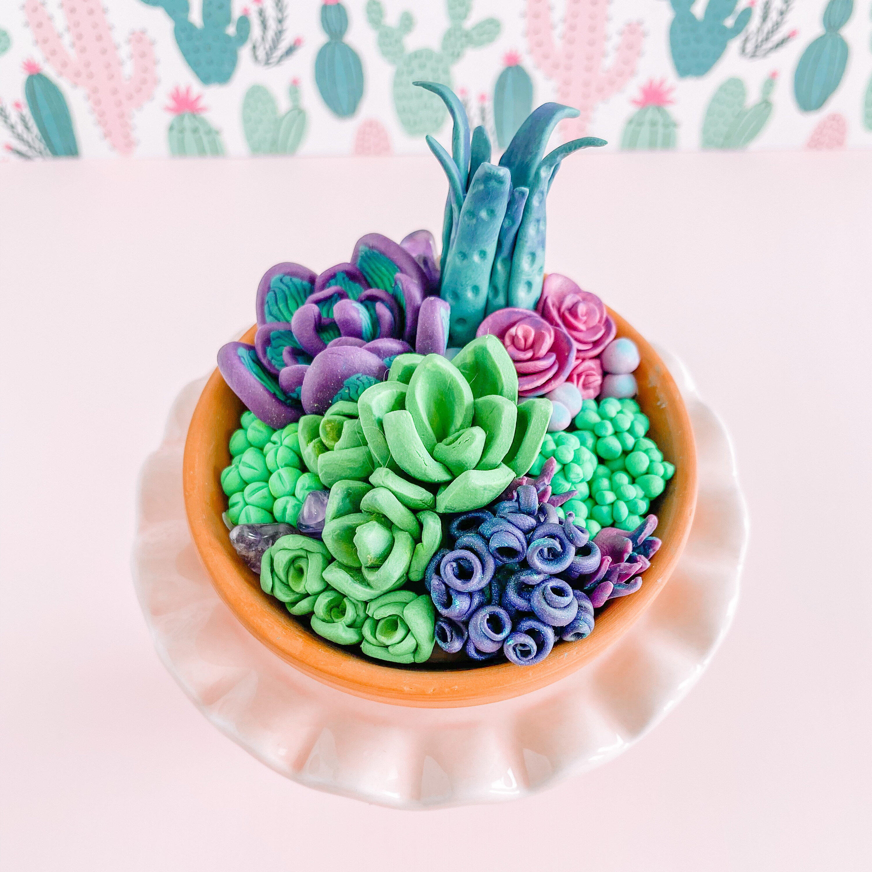 fireflyFrippery Miniature Faux Succulent and Crystal Garden