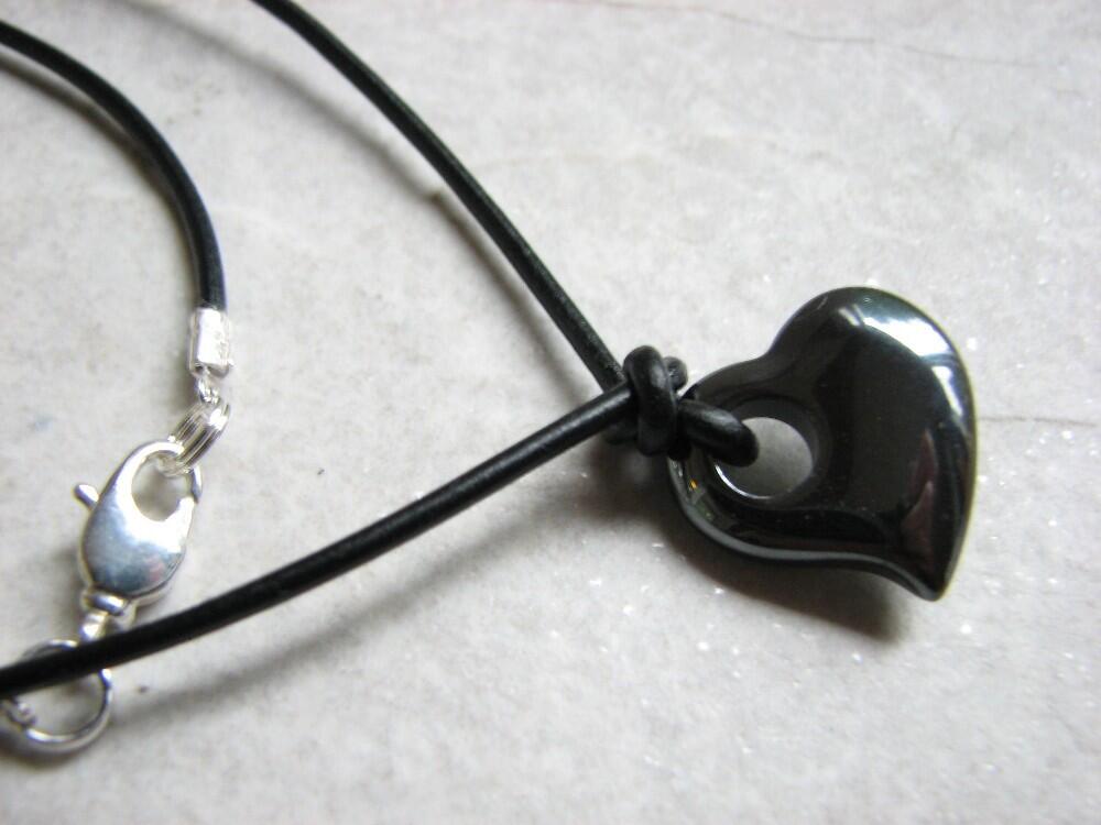Hematite Heart on Leather Necklace