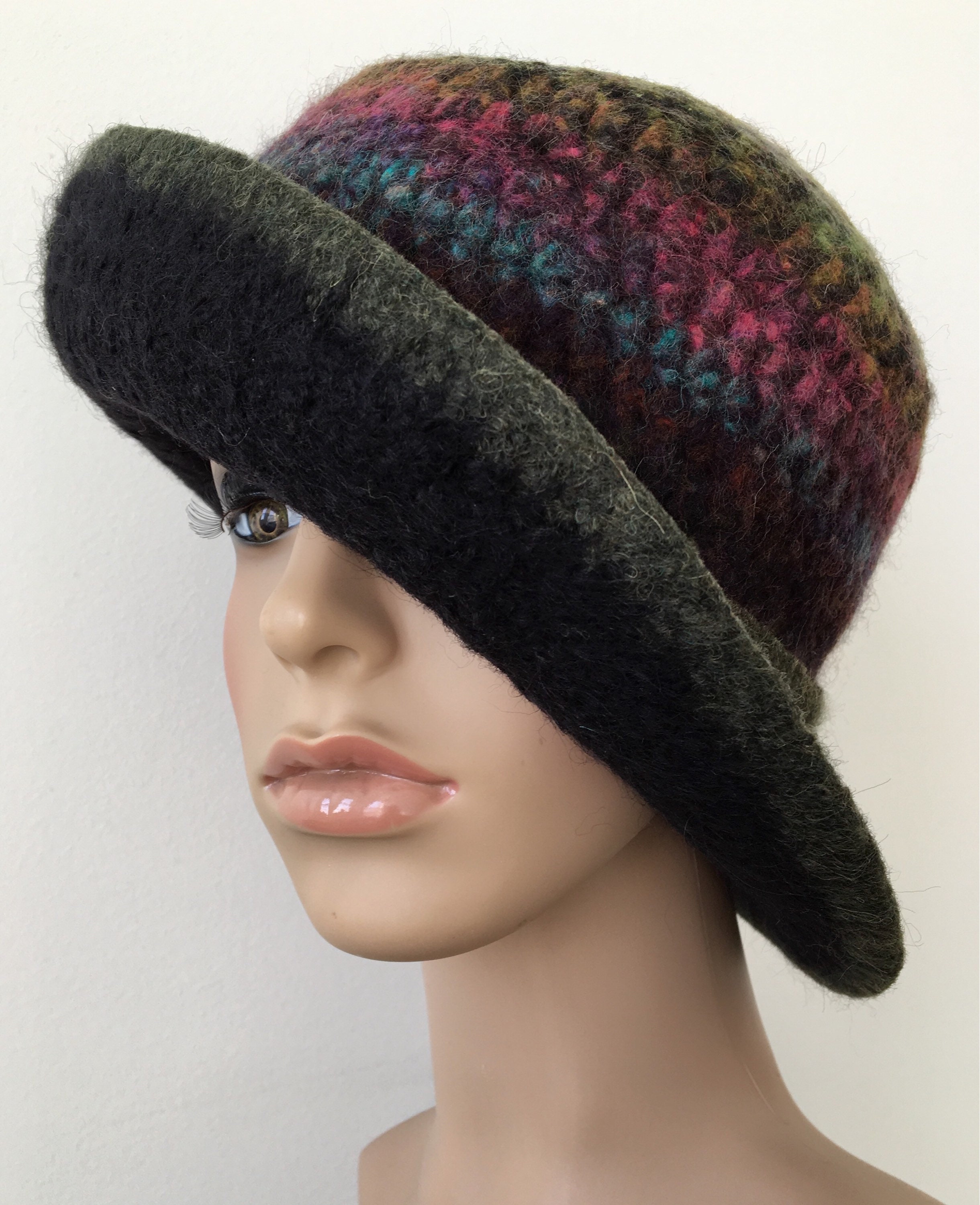 Women s Unique Black Felted Wool Cloche Hat with Wide Brim