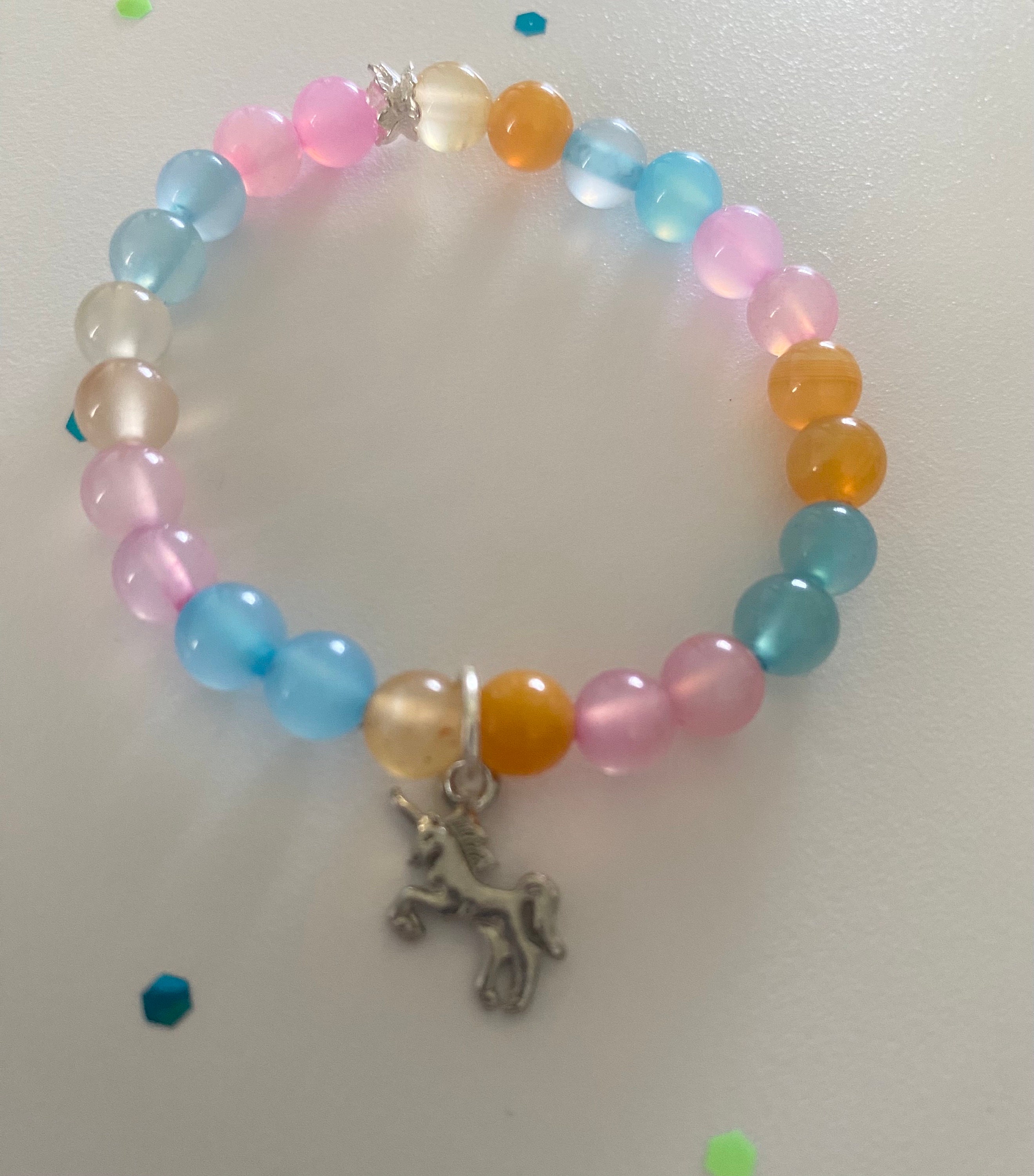 Products Unicorn Agate Rainbow Bracelet, Unicorn Charm, Silver Tone