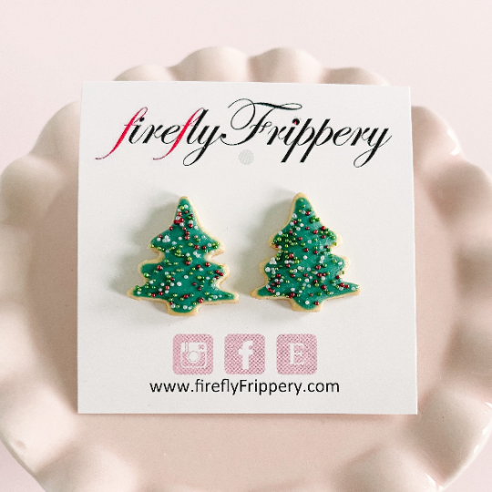 fireflyFrippery Green Christmas Tree Sugar Cookie Earrings on Card