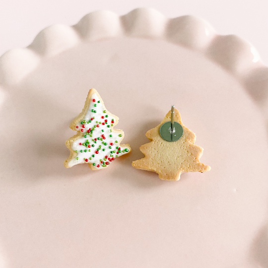 fireflyFrippery White Christmas Tree Sugar Cookie Earrings Front & Back