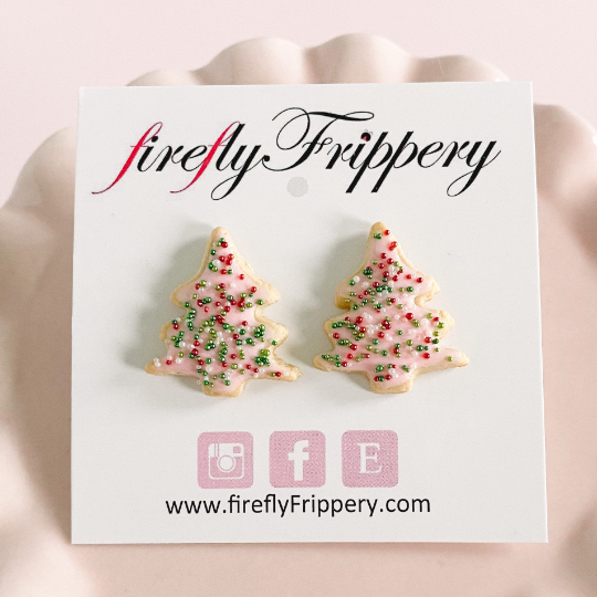 fireflyFrippery Pink Christmas Tree Sugar Cookie Earrings on Card