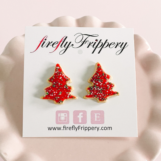 fireflyFrippery Red Christmas Tree Sugar Cookie Earrings on Card