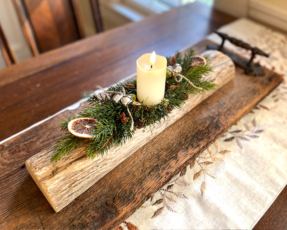 Rustic Handmade Christmas Yule Log Centerpiece with Candle, image size:1000x800