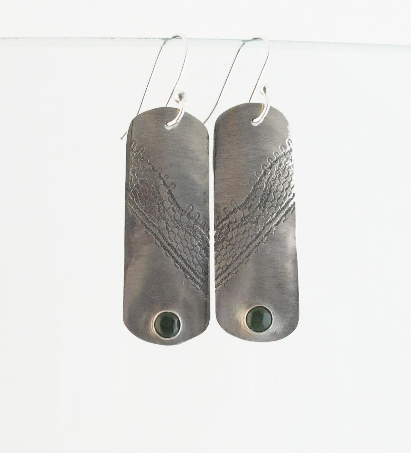 Jade and 925 Sterling Silver Lace-Textured Dangle  Earrings