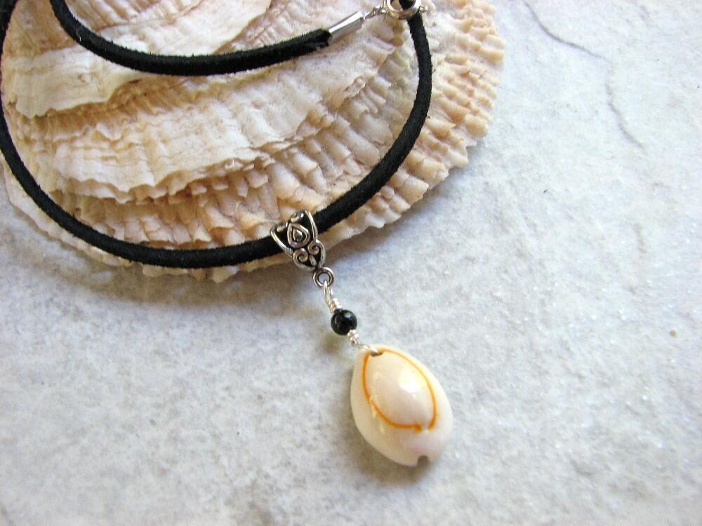 black suede leather and shell necklace