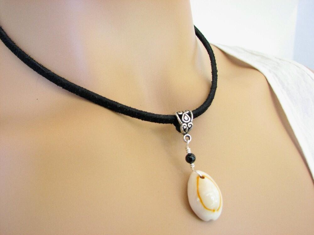 beautiful suede leather shell necklace