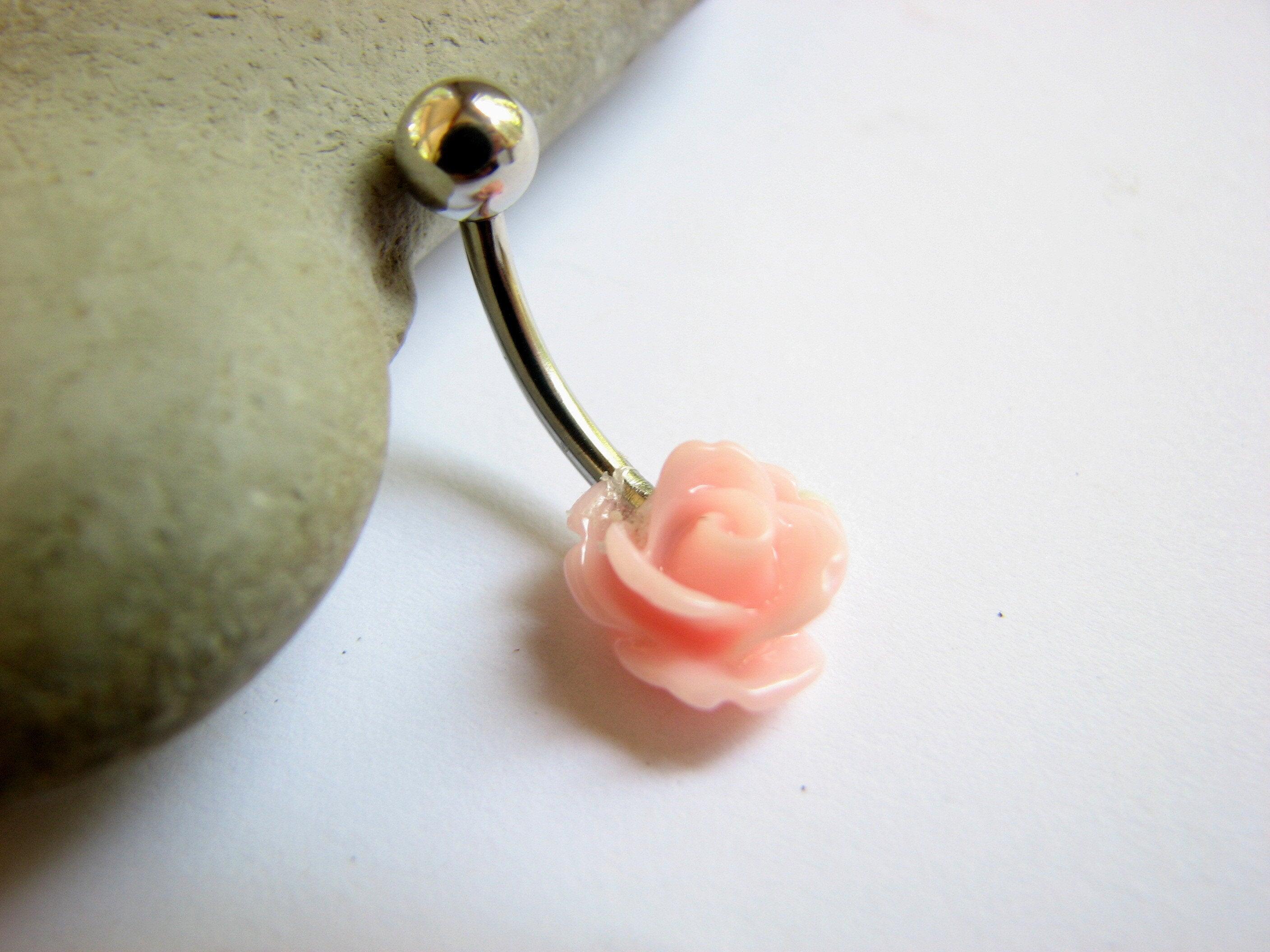 Pink Rose Flower Belly Button Ring